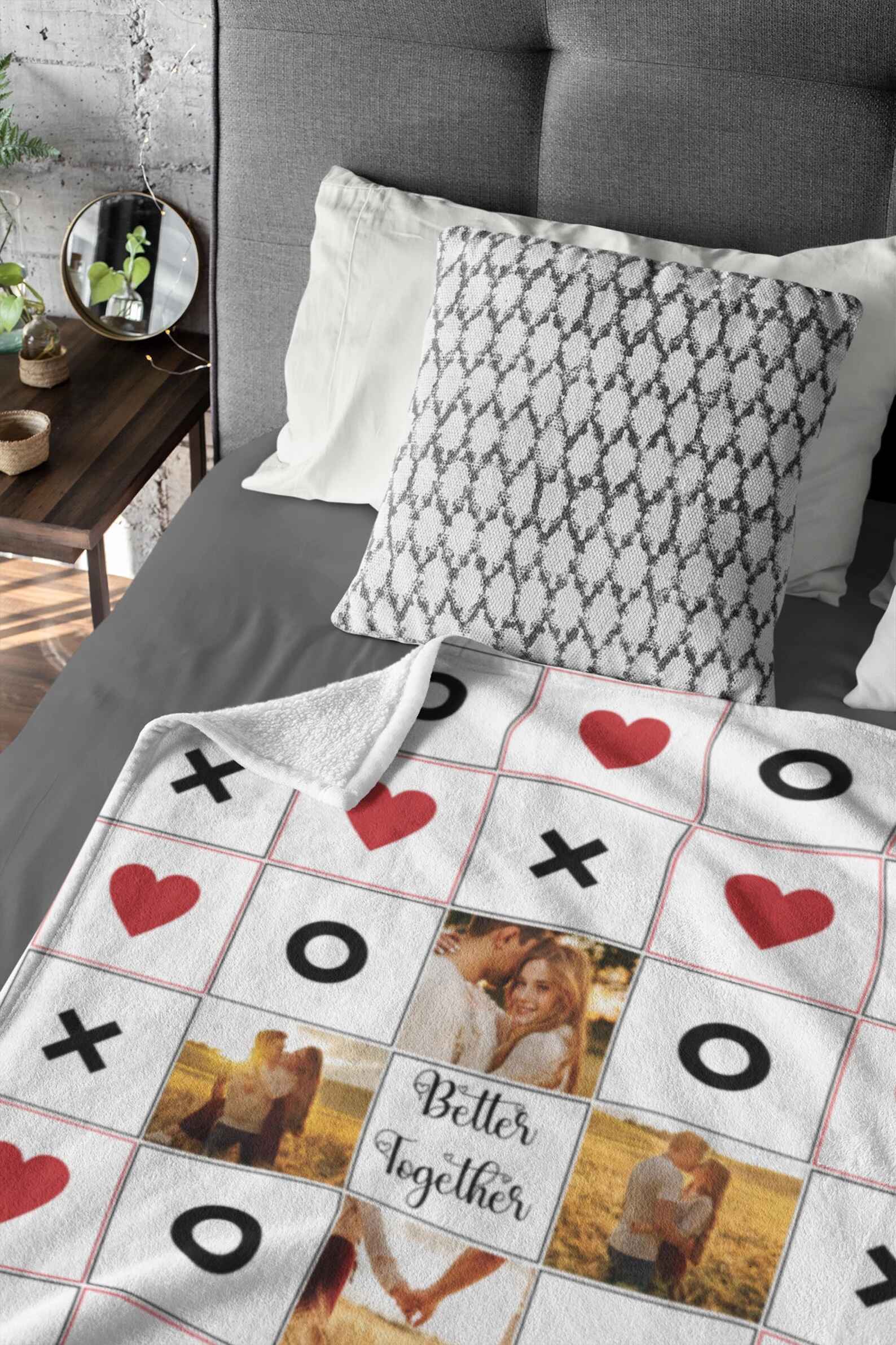 Custom couple Tic-Tac-Toe photo blanket with personalized photos and text.

