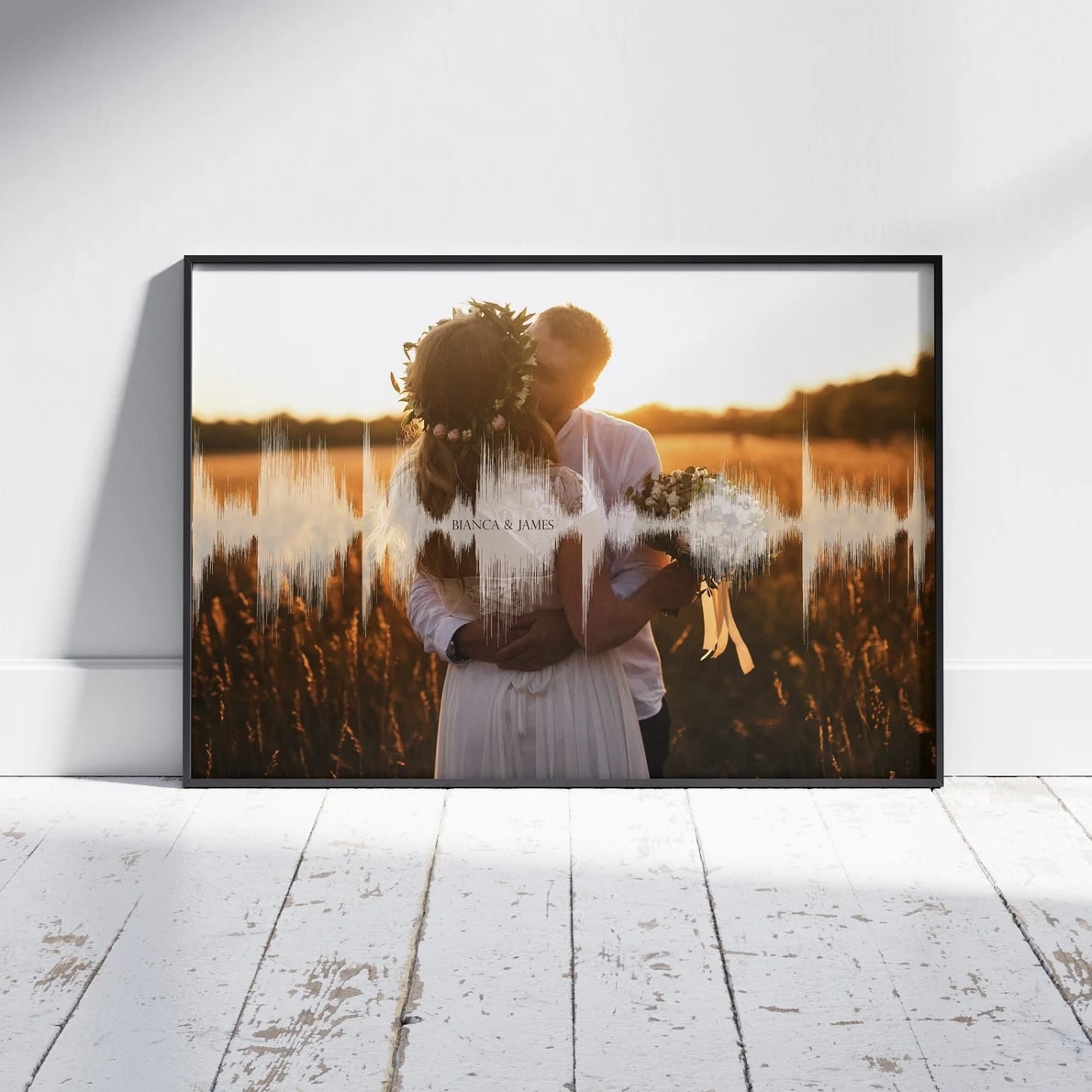 Custom sound wave art with wedding photo and song, perfect for newlyweds or anniversaries






