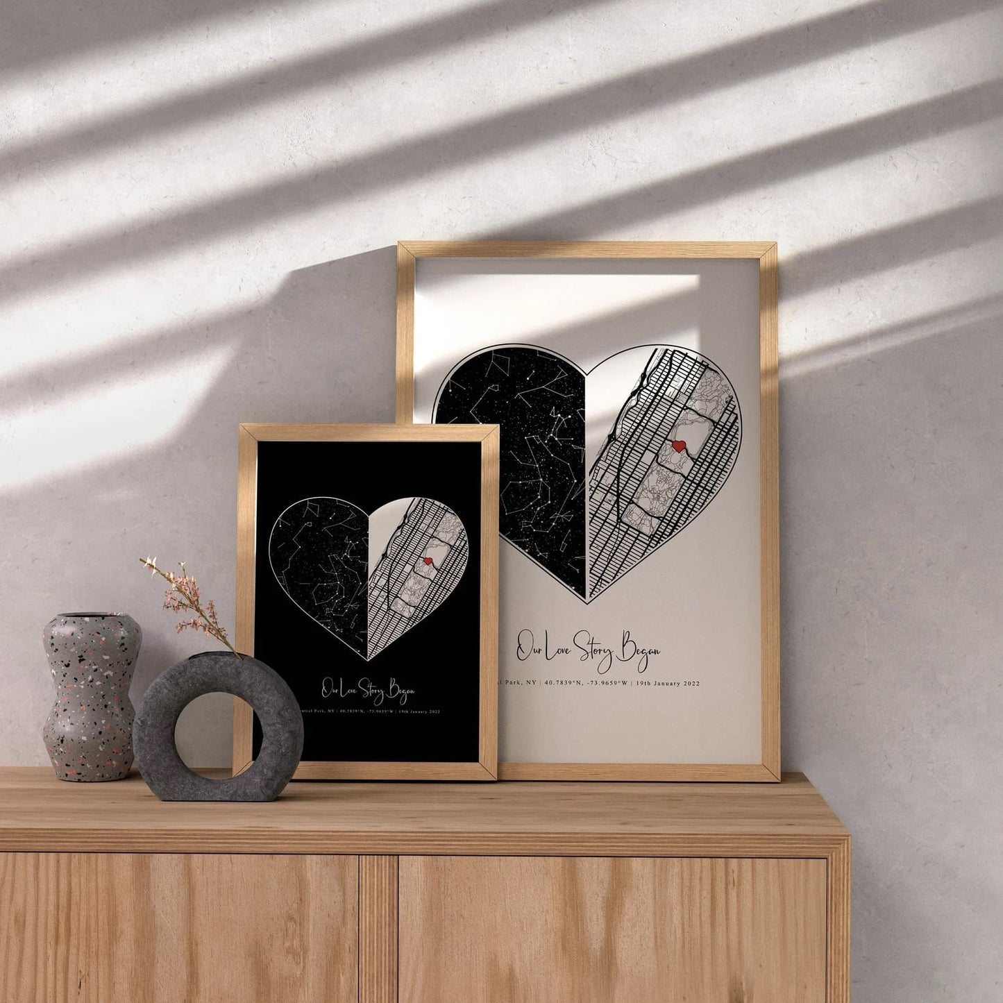 Heart-shaped city and constellation map for personalized decor
