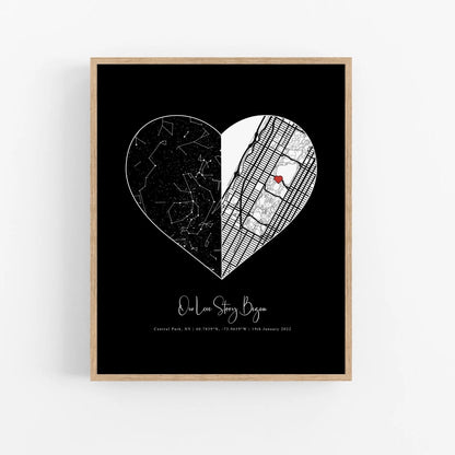 Custom heart map print with star constellations and city map
