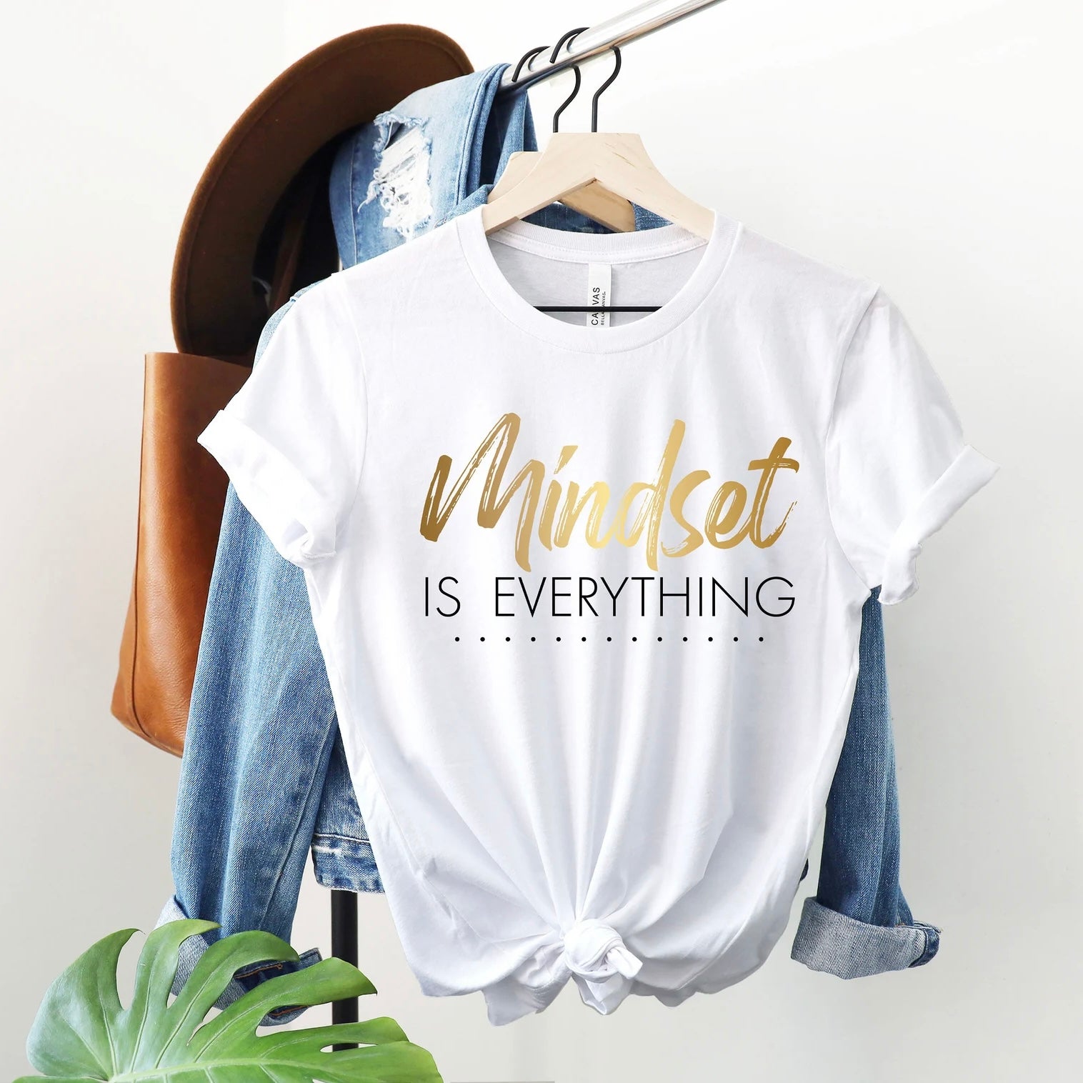 White "Mindset is Everything" t-shirt with gold foil text