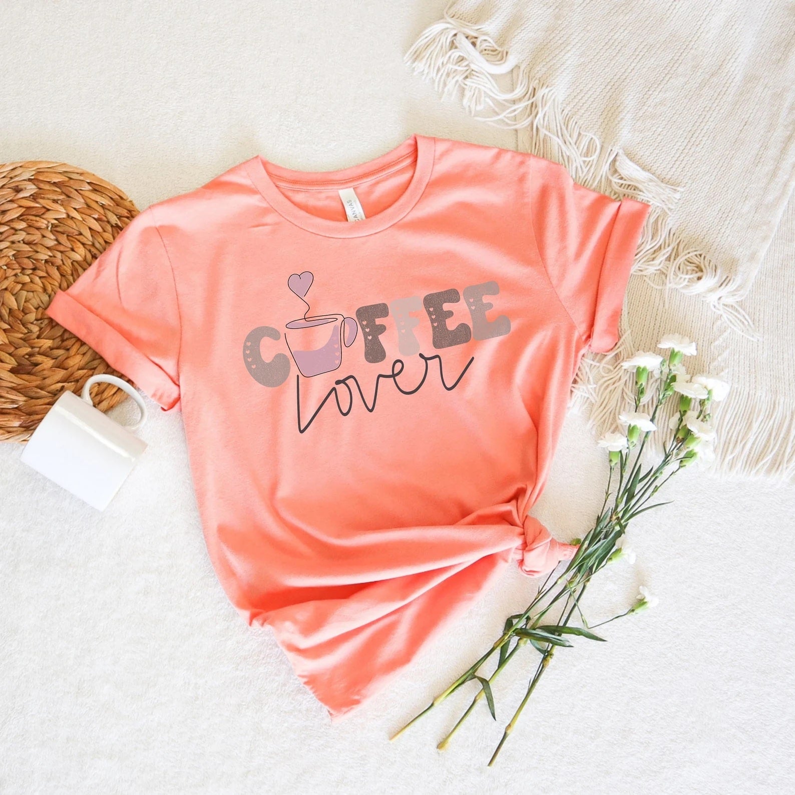 oft pink 'Coffee Lover' t - shirt with coffee - cup graphic paired.