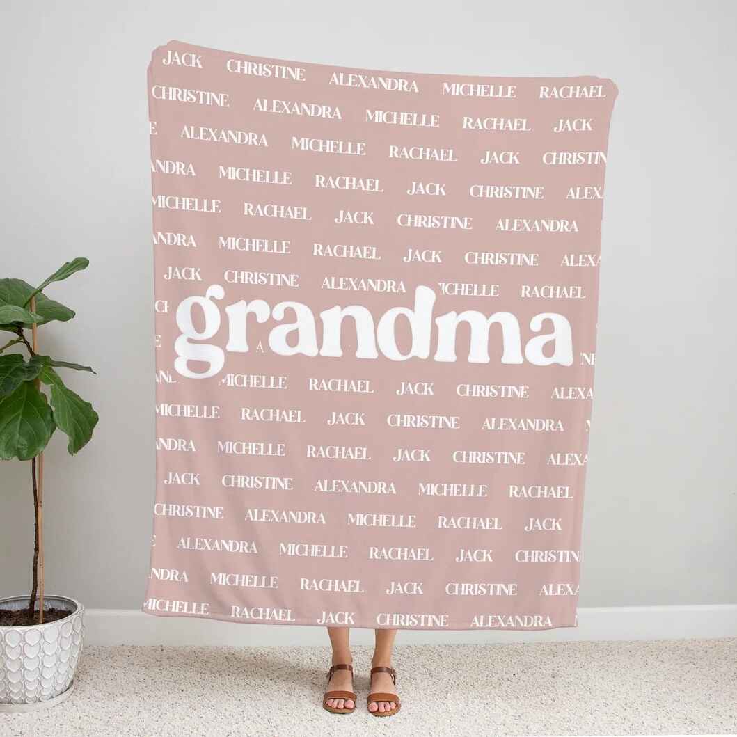 Custom name blanket with personalized family names in repeating pattern design