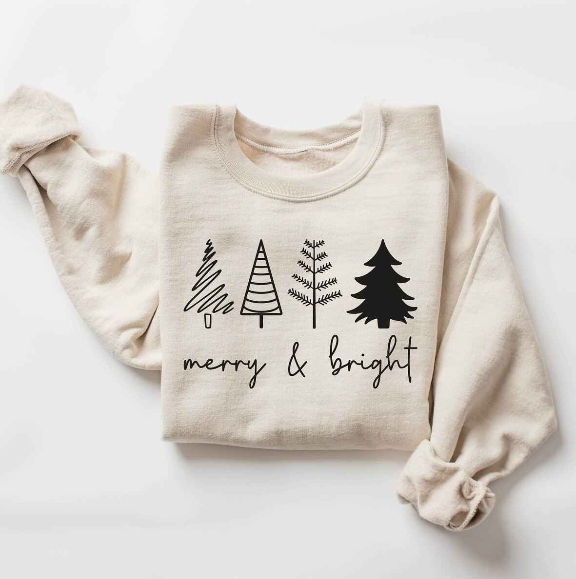 Red holiday sweatshirt featuring Christmas tree illustrations
