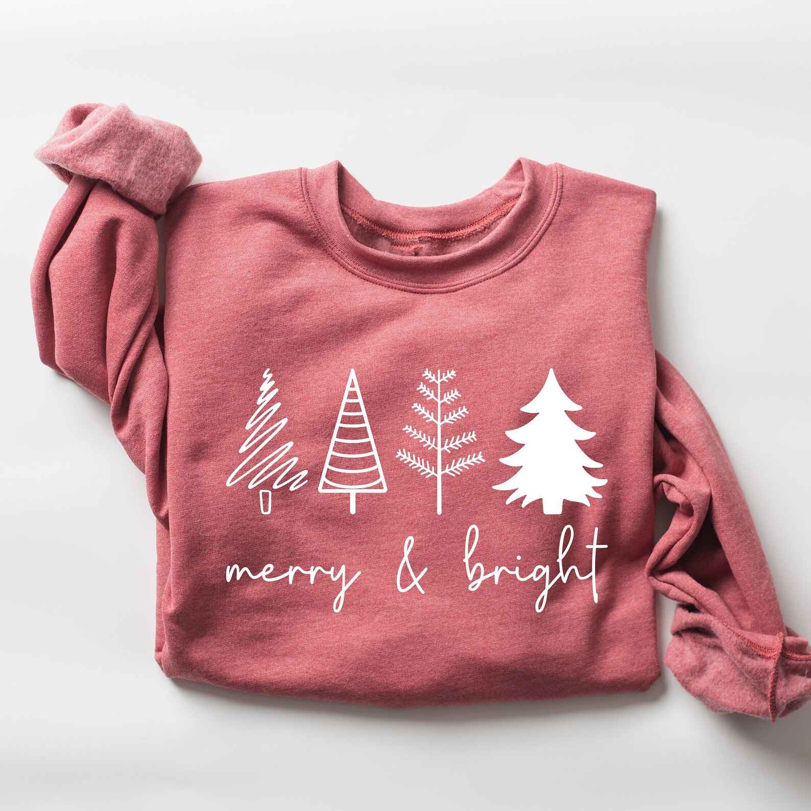 Merry & Bright Christmas sweatshirt with festive tree design
