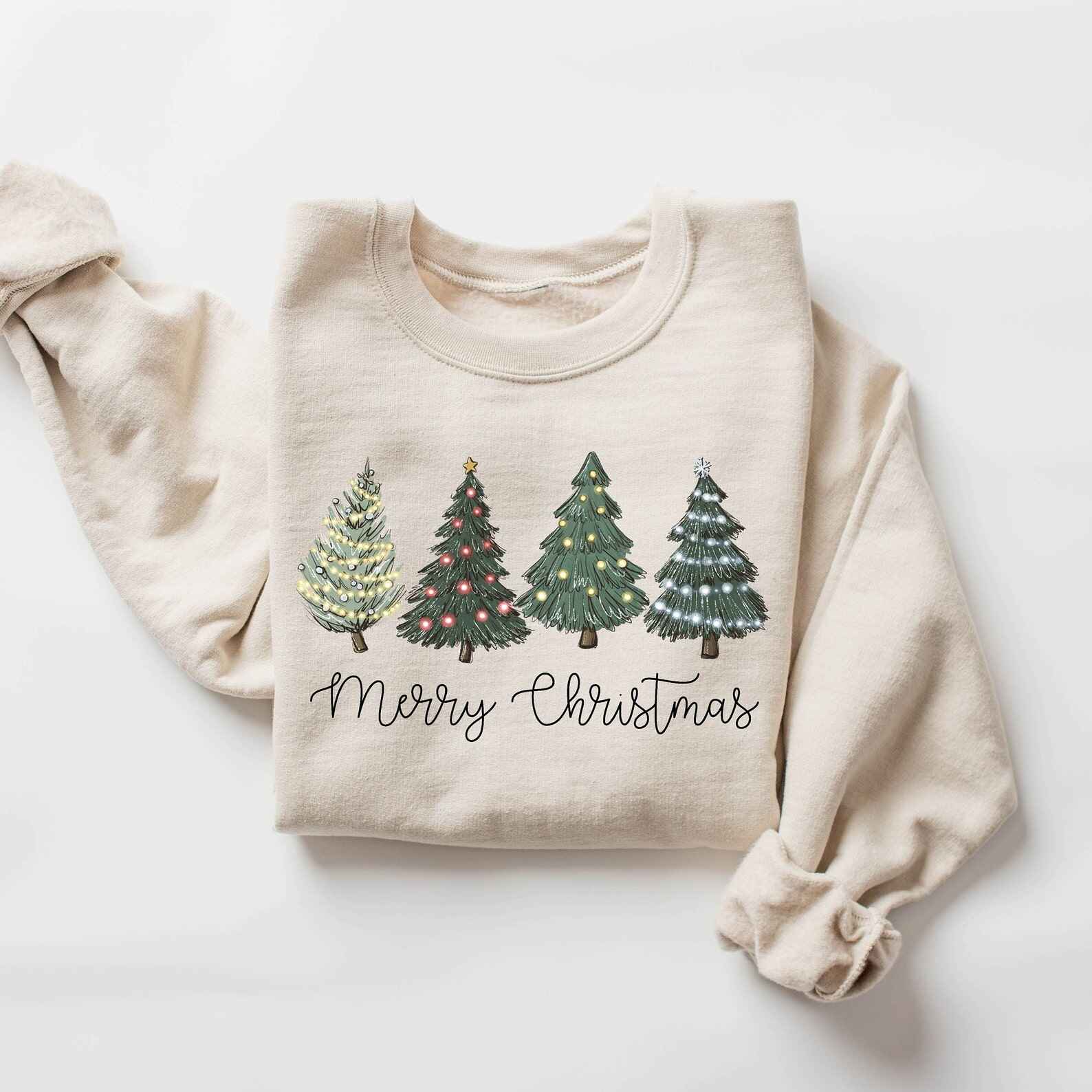 Customizable "Merry Christmas" sweatshirt with holiday tree lights
