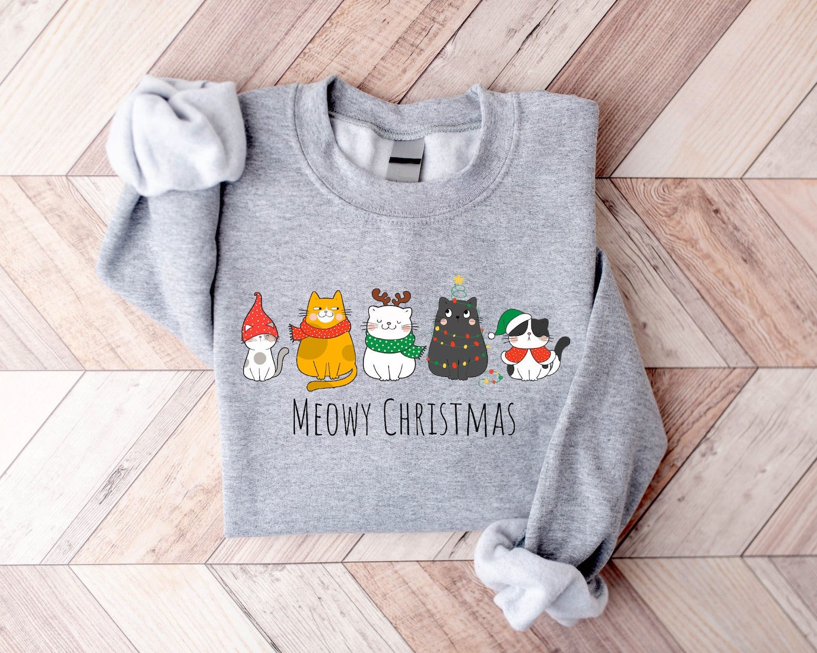 Customizable holiday sweatshirt featuring cute Christmas cats
