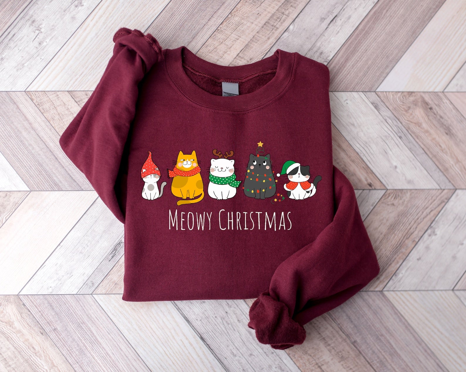 Customizable holiday sweatshirt featuring cute Christmas cats
