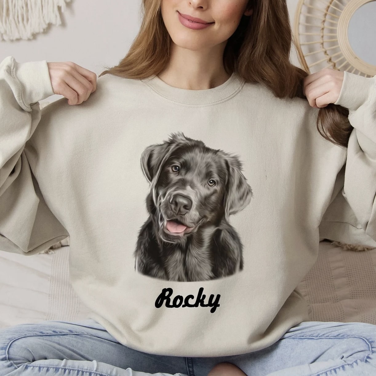 Personalized pet lover sweatshirt with lifelike animal design and custom text.