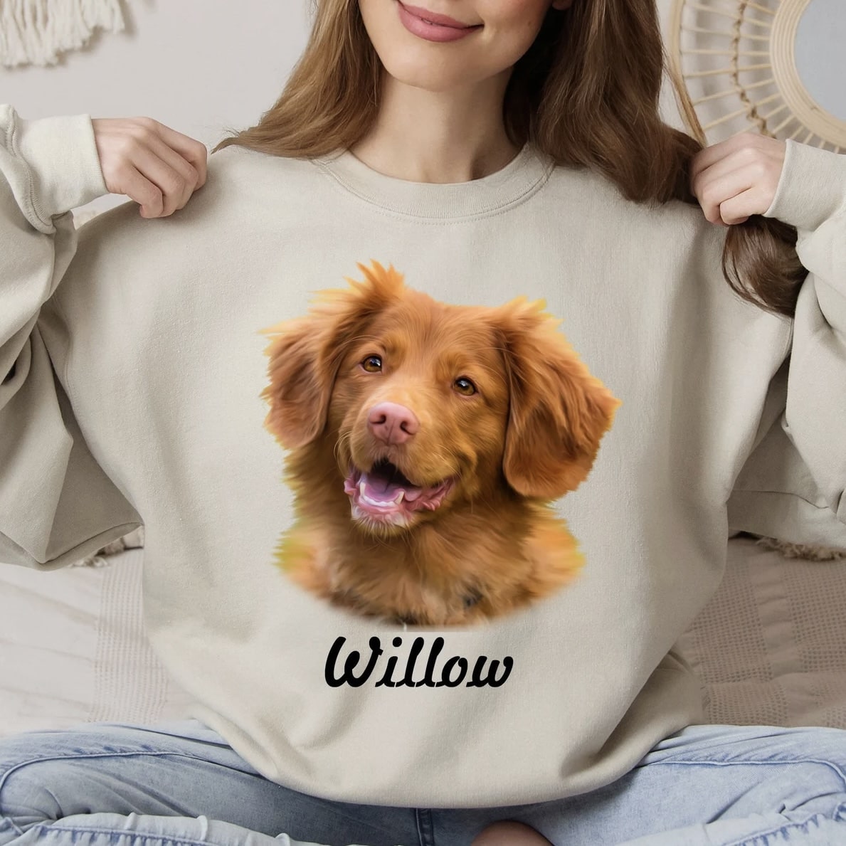 Custom pet portrait sweatshirt featuring a realistic black dog illustration and name.
