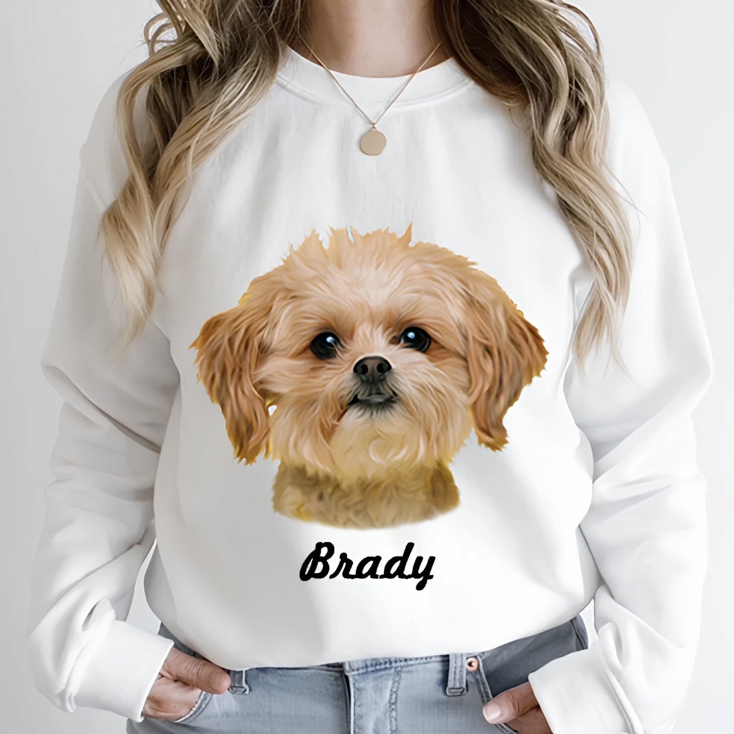 Cozy sweatshirt with custom pet artwork for dog and cat owners.