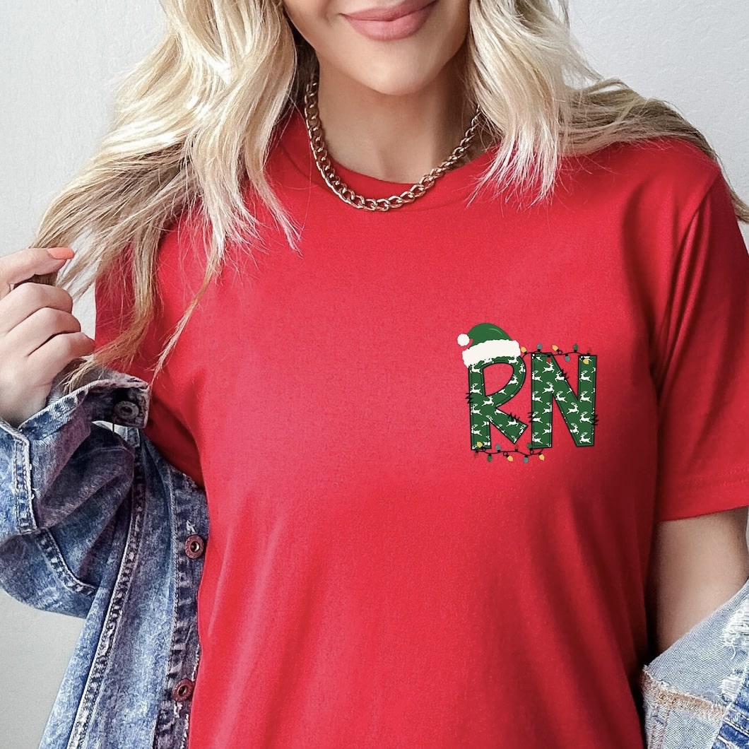 Festive holiday sweatshirt for nurses with Christmas lights detail
