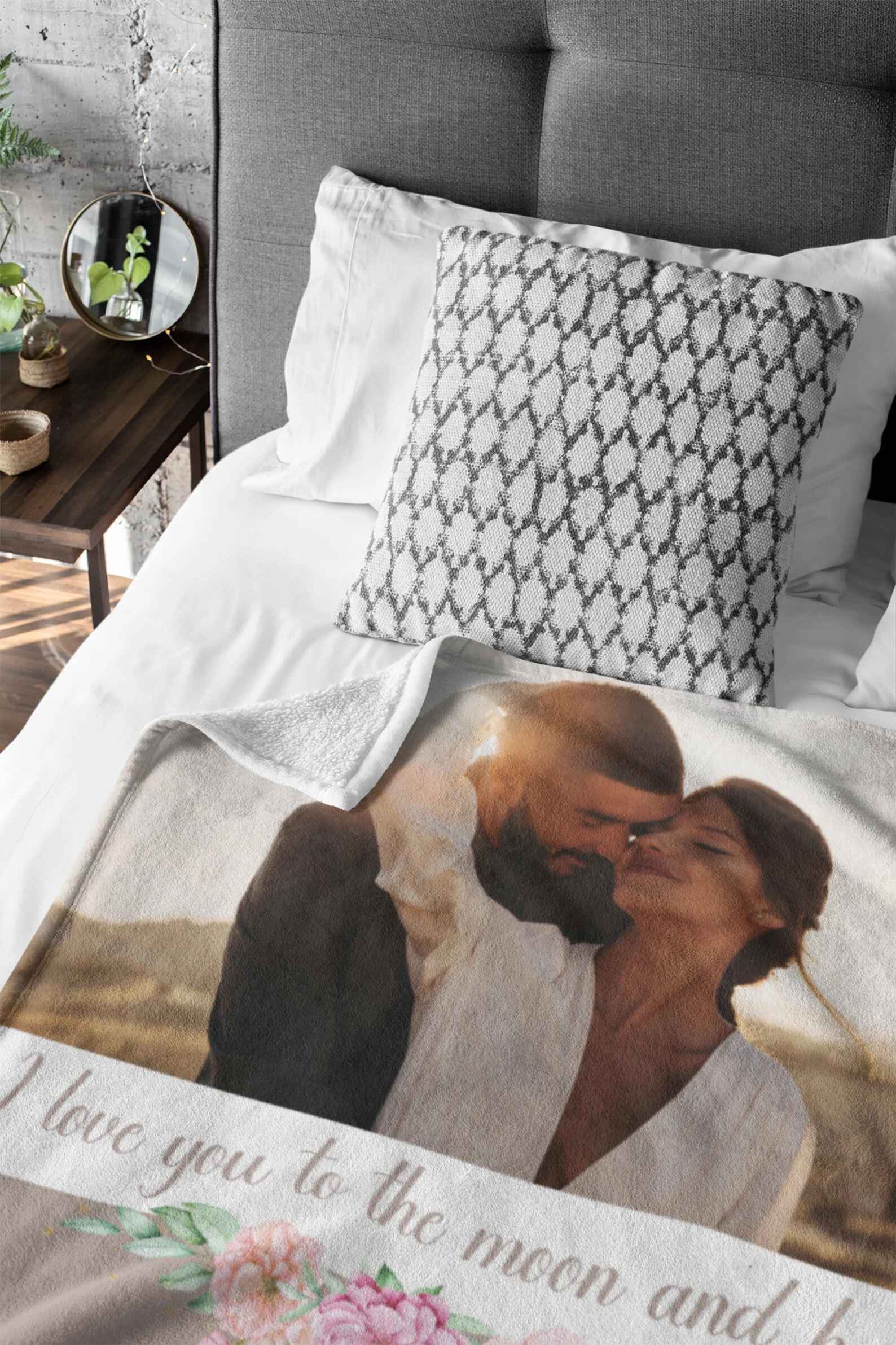 Custom wedding photo blanket with personalized names, romantic photo, and custom message.

