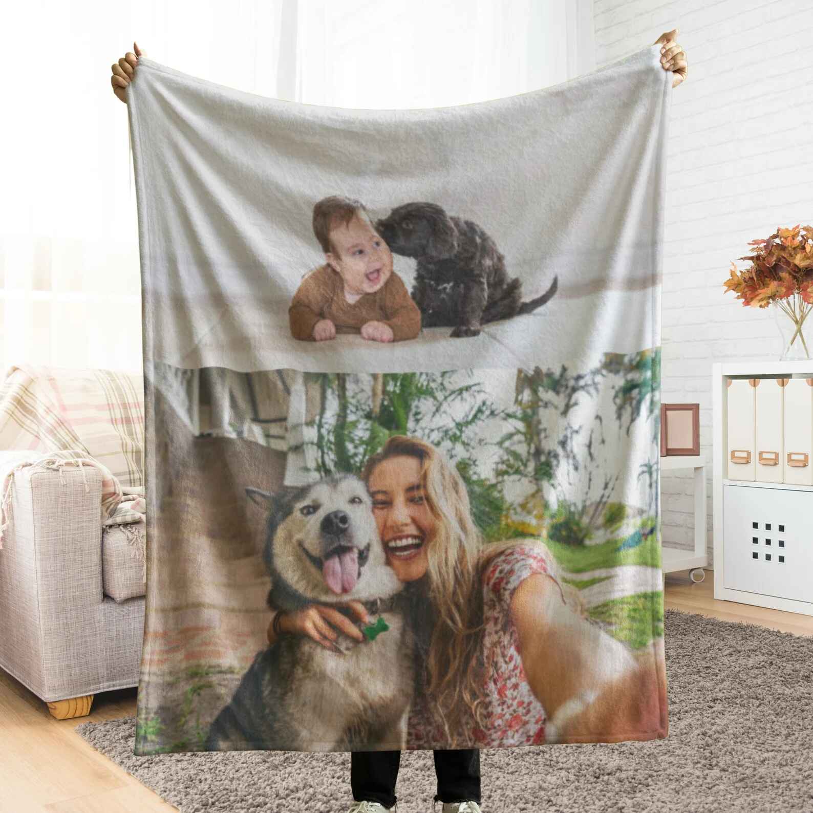 Custom two-photo blanket featuring baby and dog pictures.
