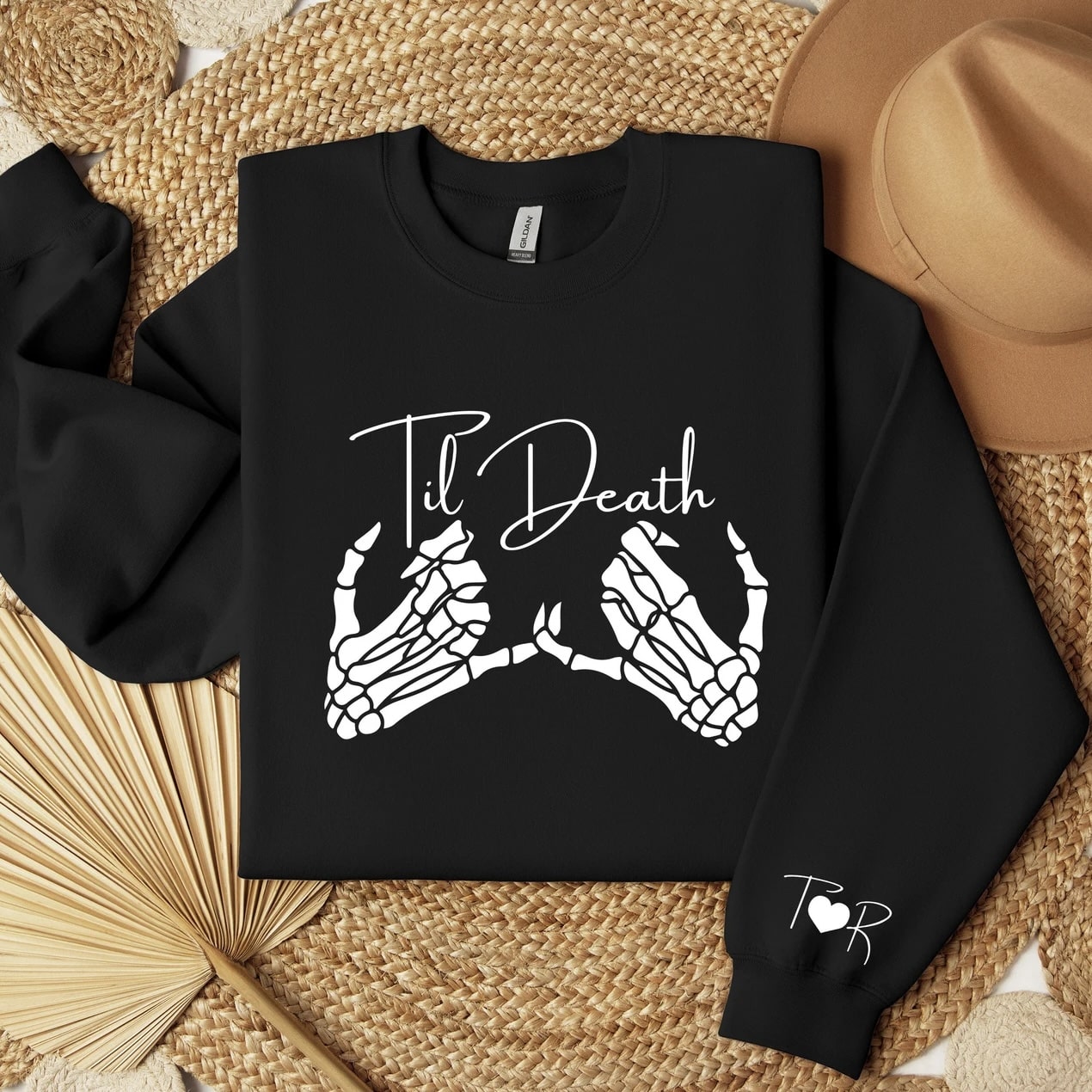 Romantic skeleton-themed couple sweatshirt with stylish script