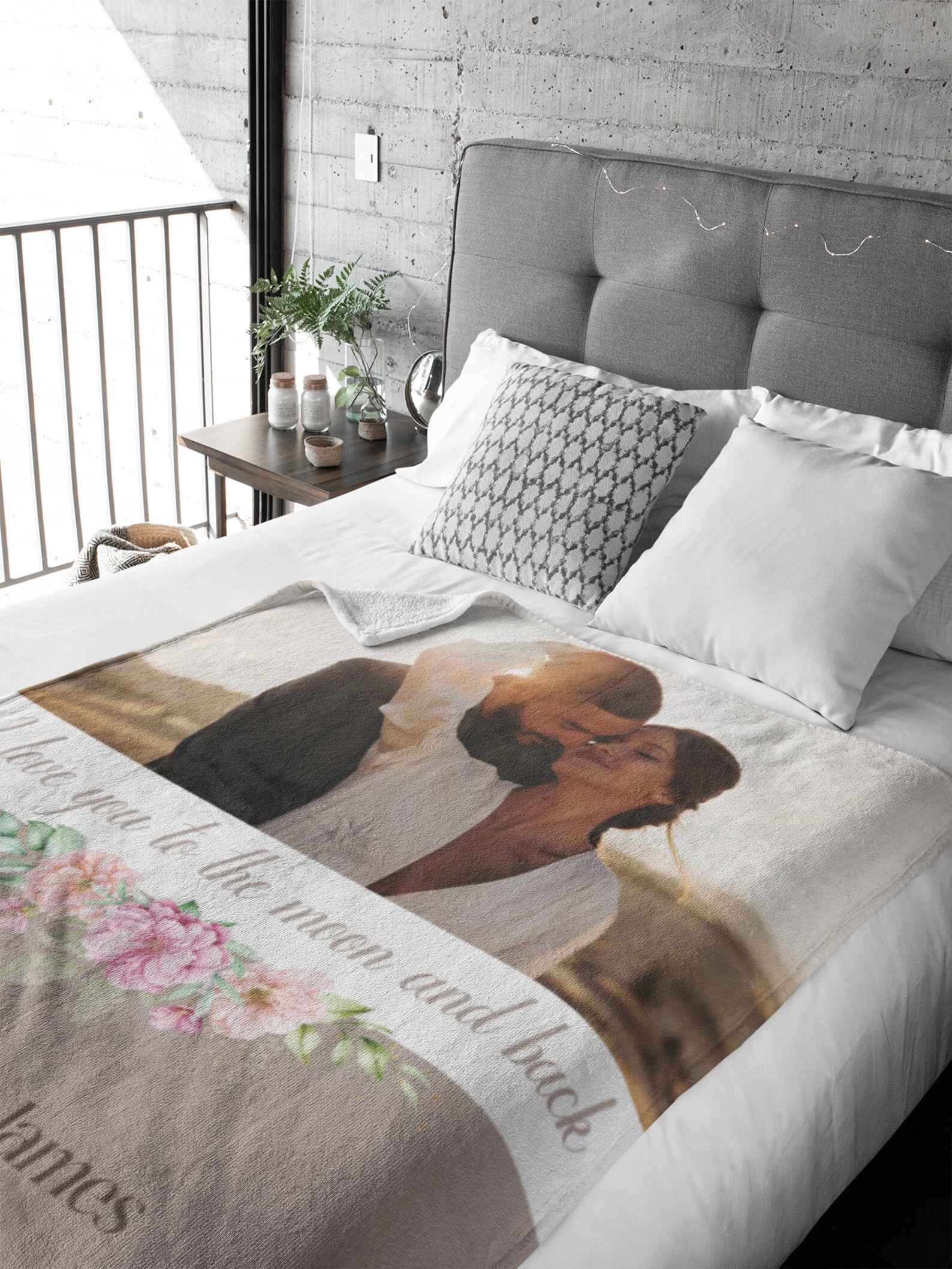 Custom wedding photo blanket with personalized names, romantic photo, and custom message.

