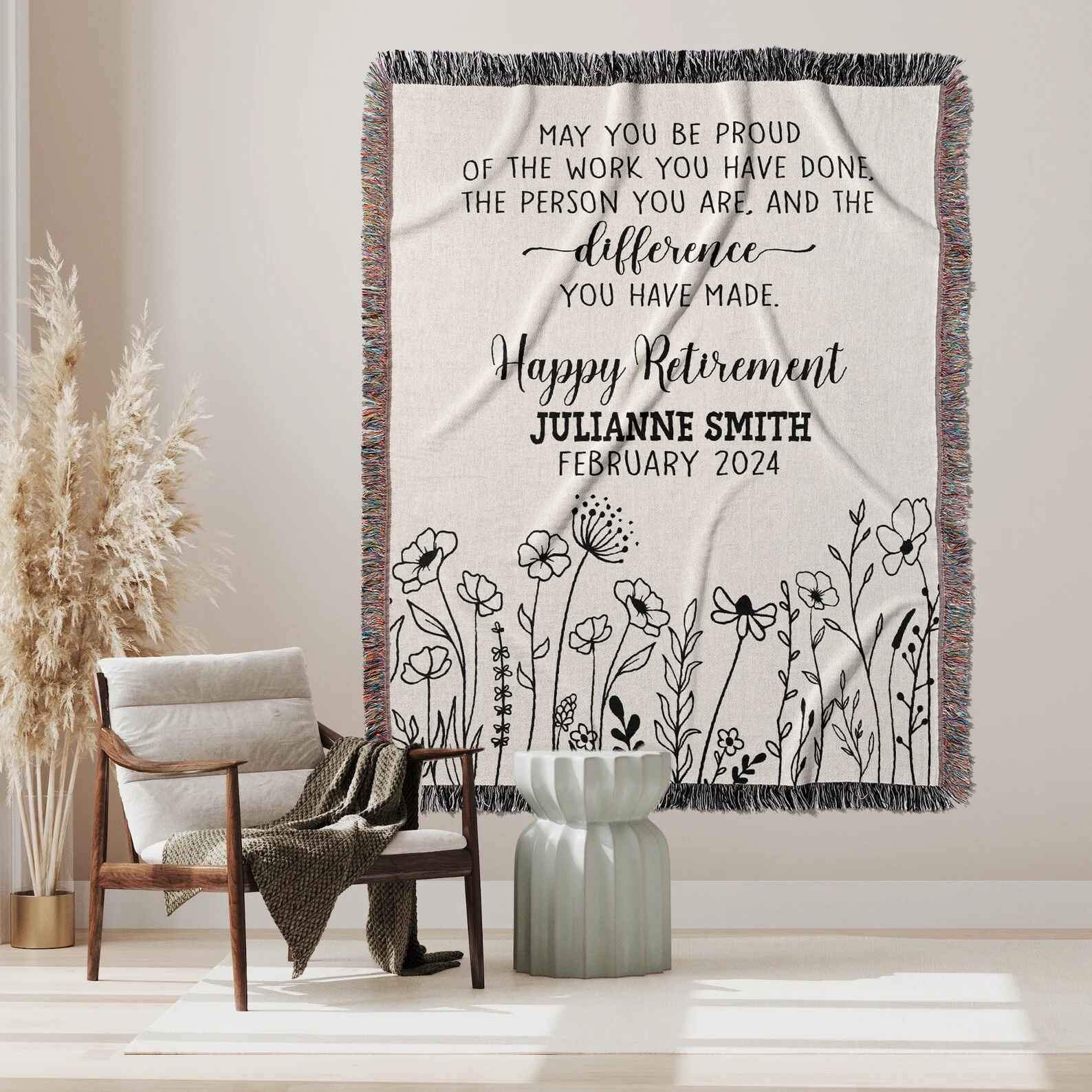 Personalized retirement blanket with floral design and custom message for women