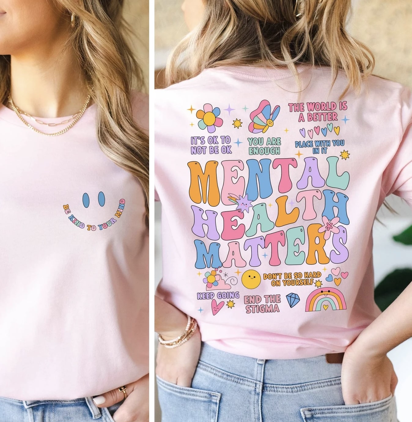 Pink graphic t-shirt with ‘Mental Health Matters’ design and positive message