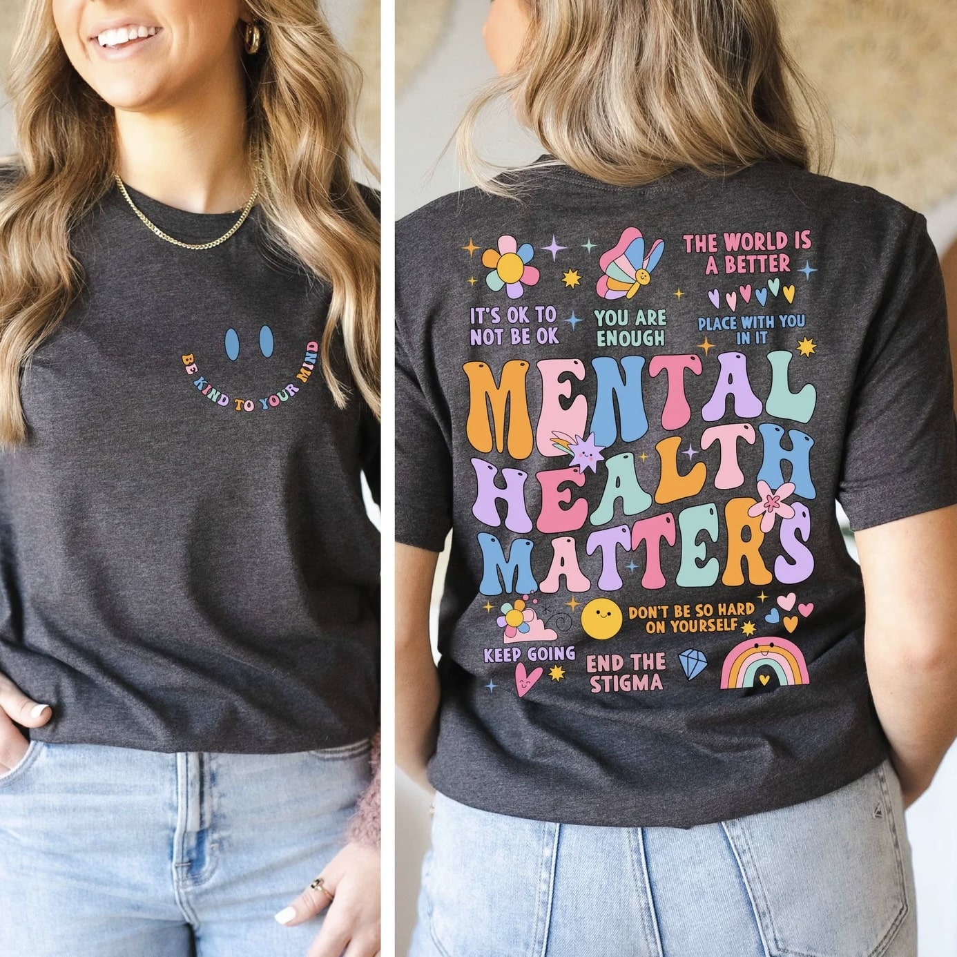 Mental health matters t-shirt with vibrant flowers and encouraging slogans