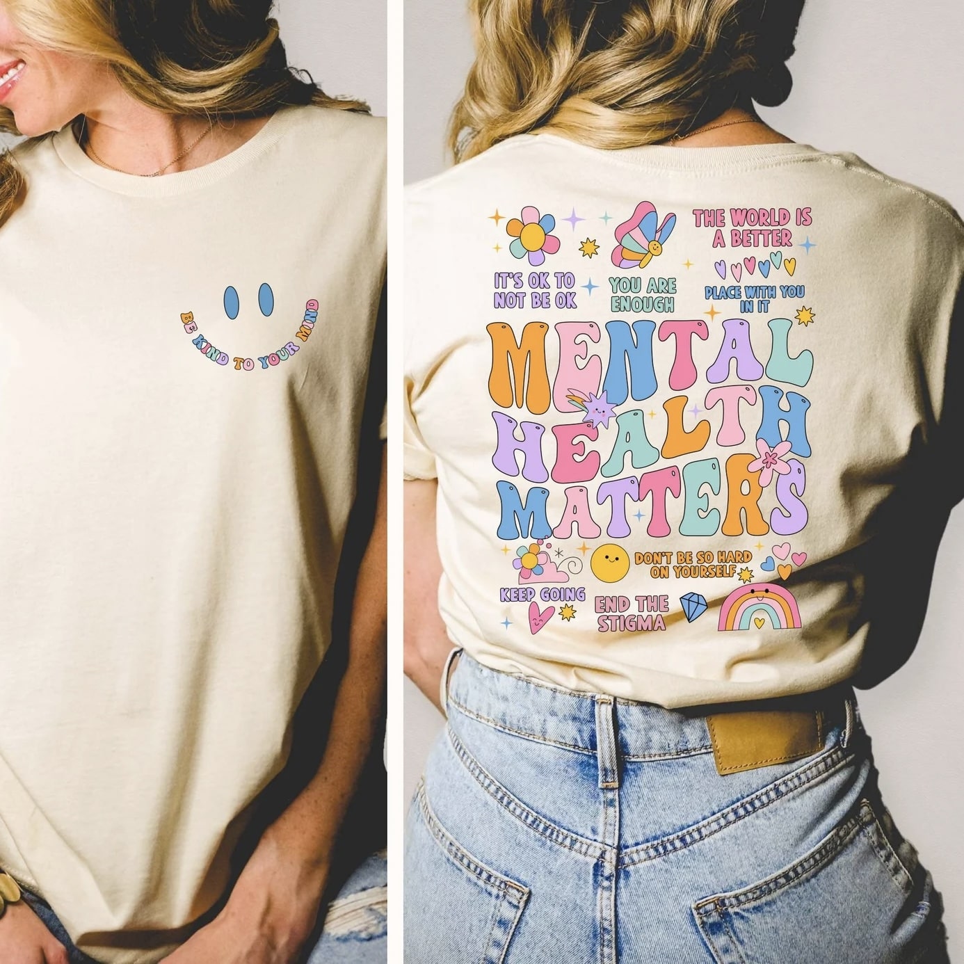 Sand t-shirt with "Be Kind to Your Mind" graphic and colorful "Mental Health Matters" design.