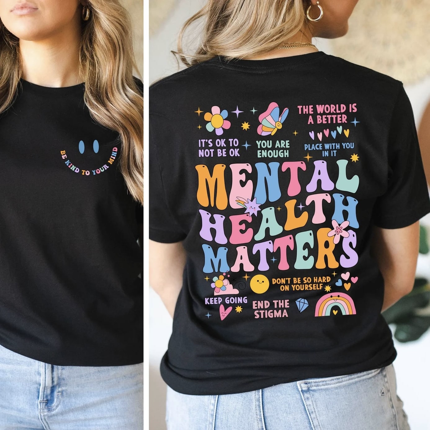 Black t-shirt with positive mental health message, featuring vibrant flowers and rainbow accents.