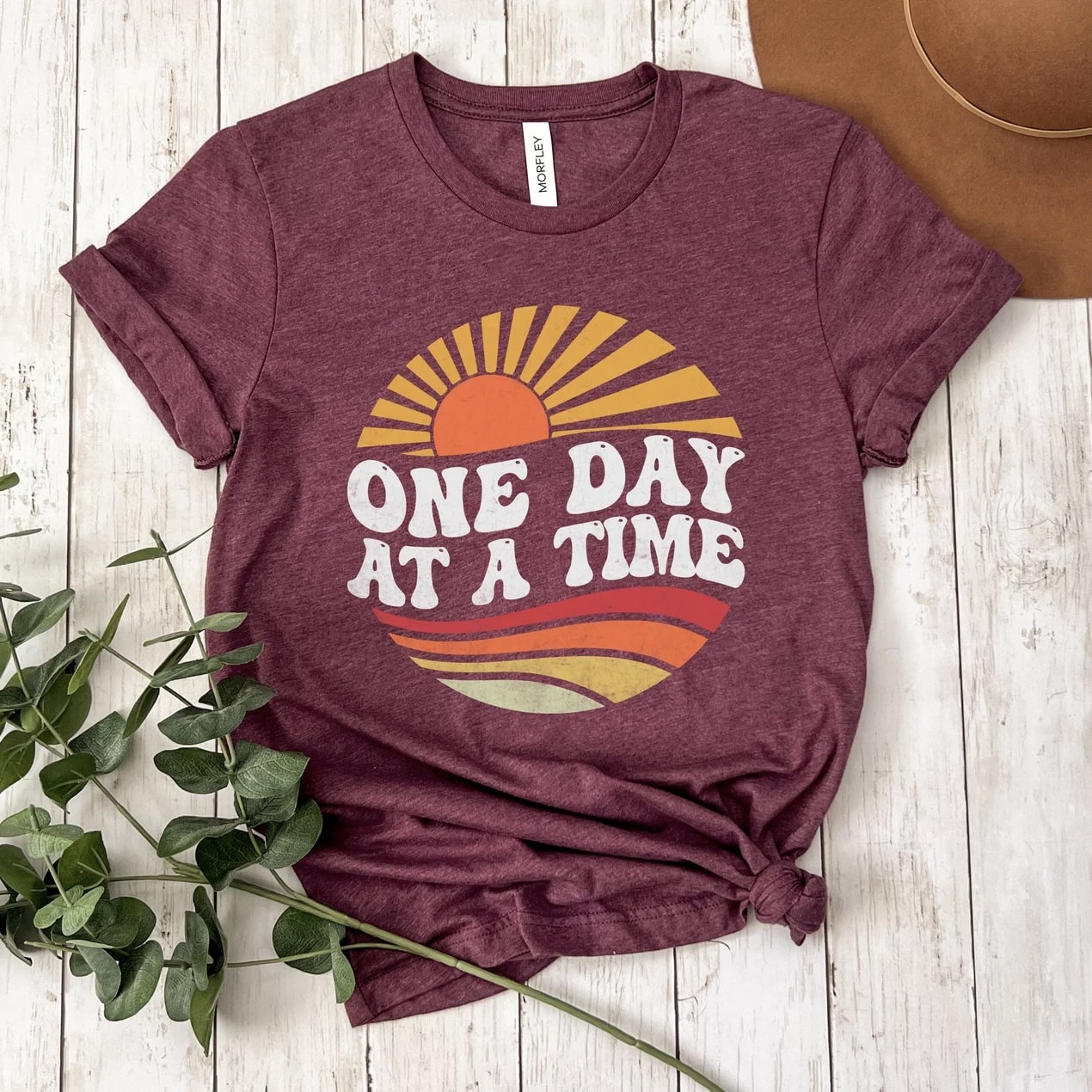 Maroon retro 'One Day at a Time' t - shirt with motivational message