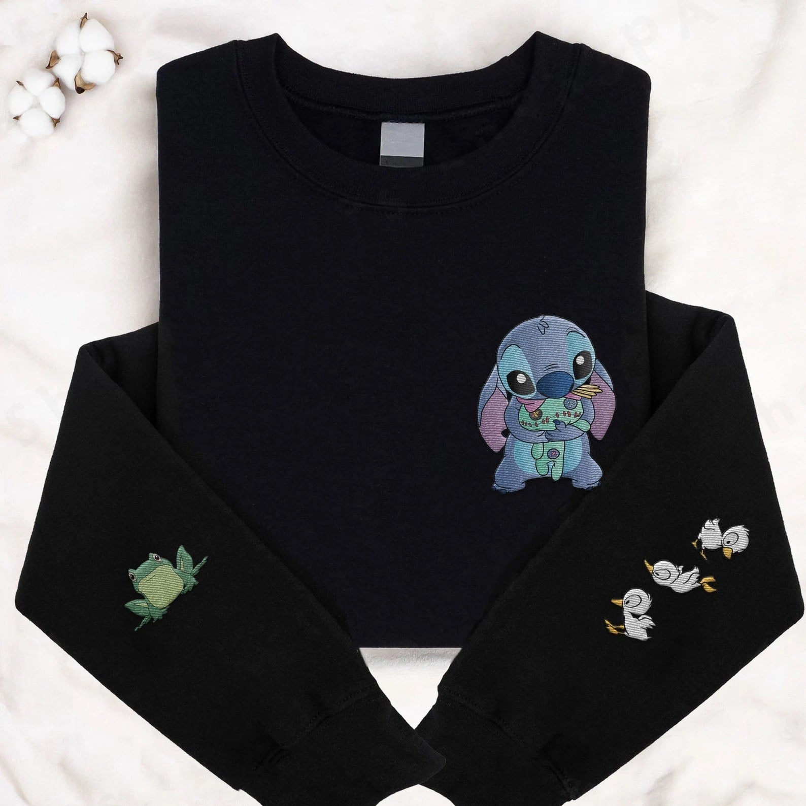 Stitch and Scrump embroidered sweatshirt with frog and duck sleeve details
