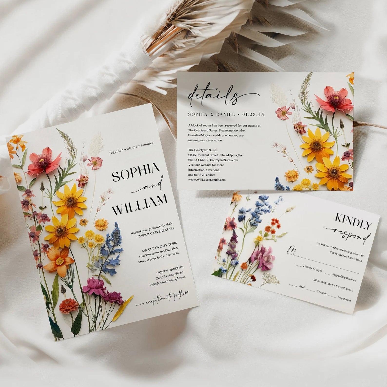 Customizable wedding invitations featuring wildflowers