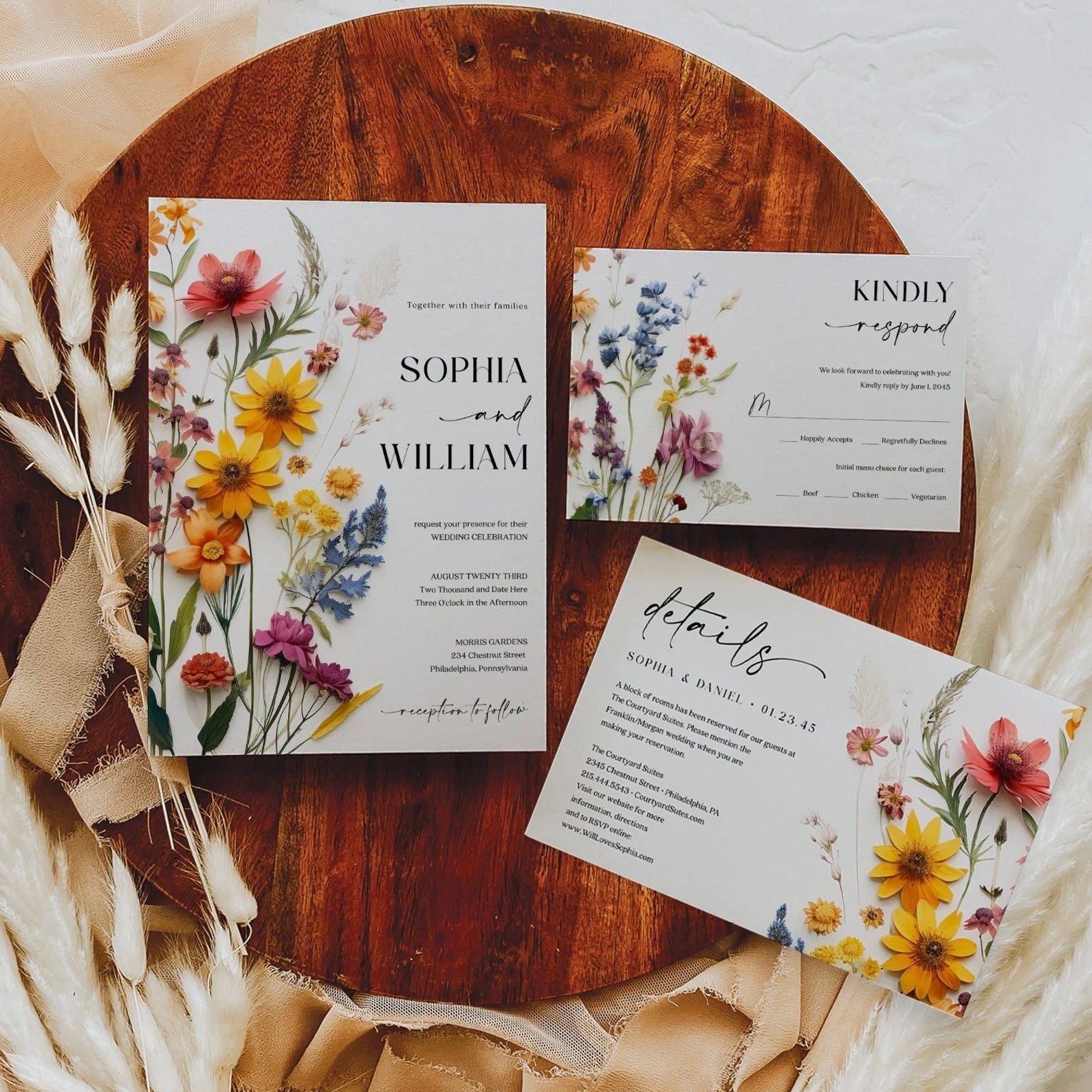 Unique wedding keepsake invitations with floral accents