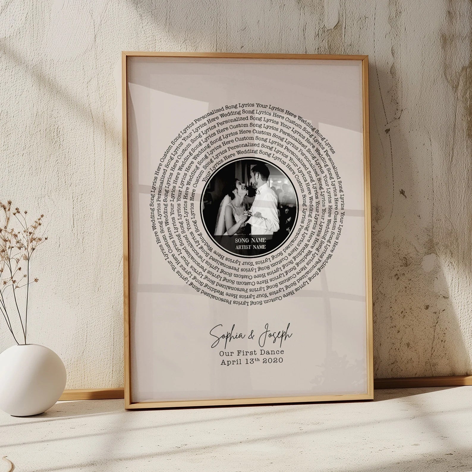 Romantic wall art featuring wedding song lyrics and personalized couple’s photo
