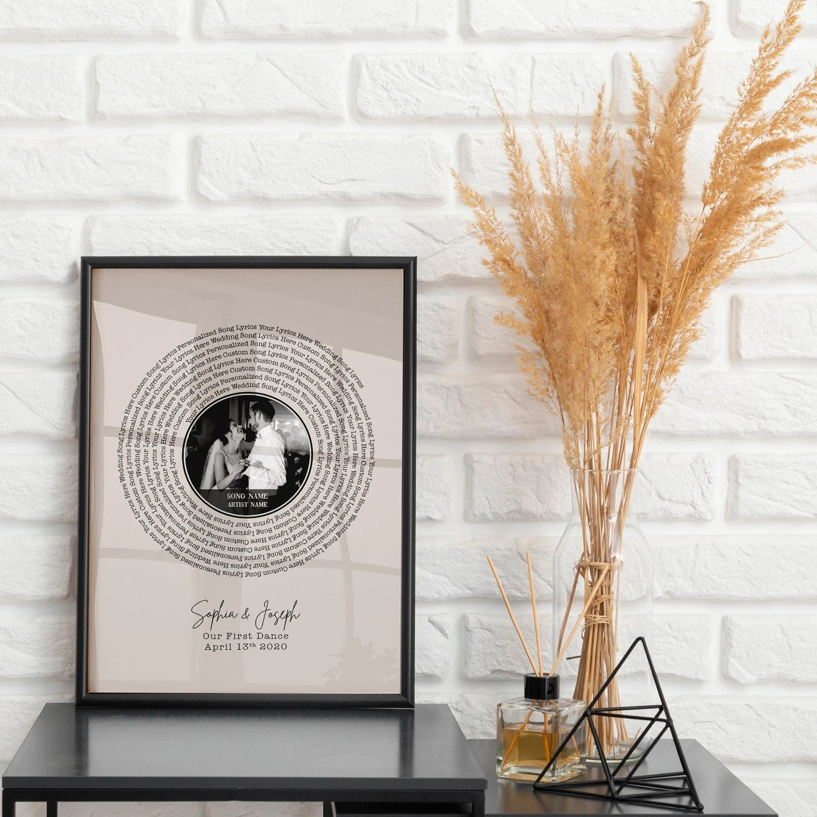 Custom vinyl record wall art with wedding song lyrics, perfect for couples
