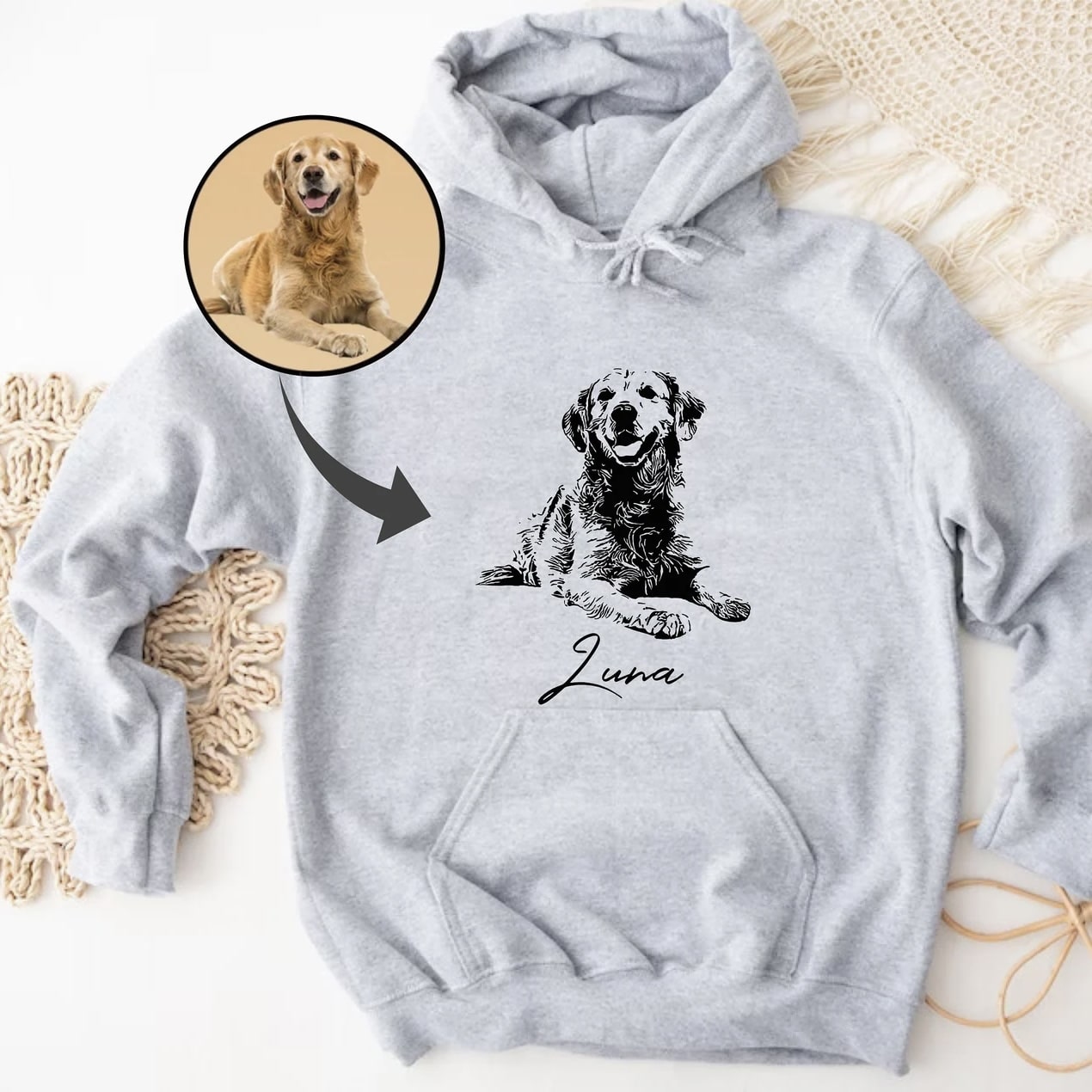 Custom pet portrait hoodie with detailed black-and-white dog illustration