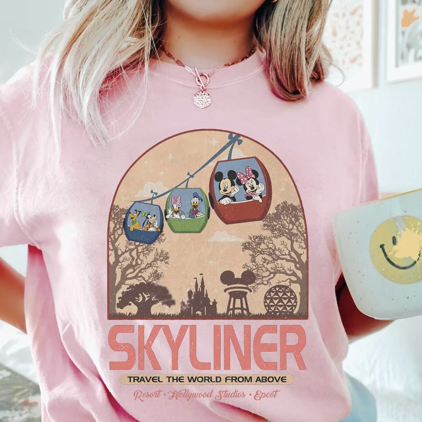 Scenic Disney parks t-shirt with Skyliner gondola design