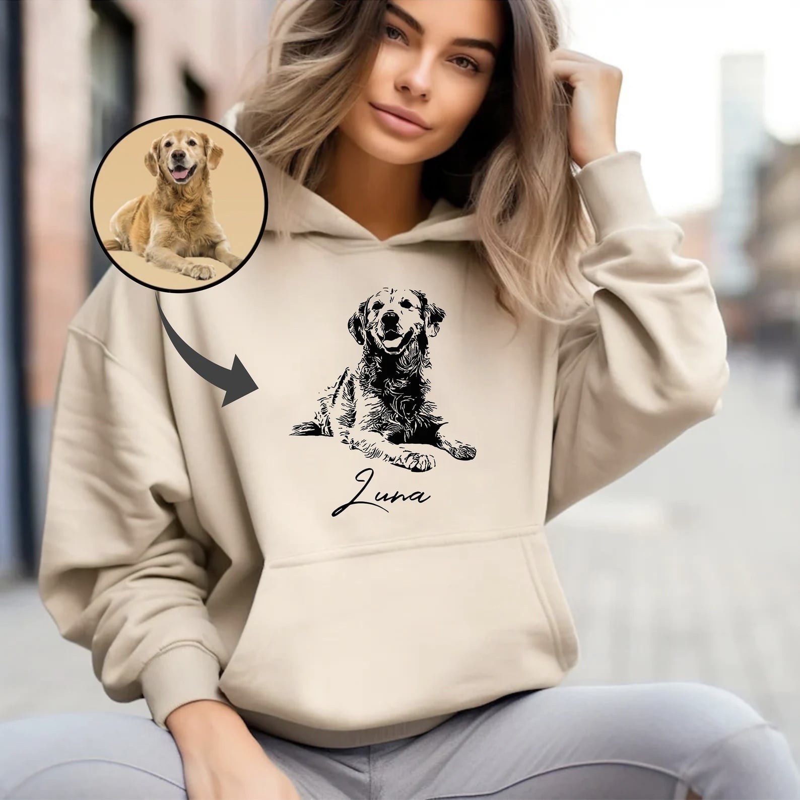 Customizable hoodie for pet lovers showcasing pet portrait
