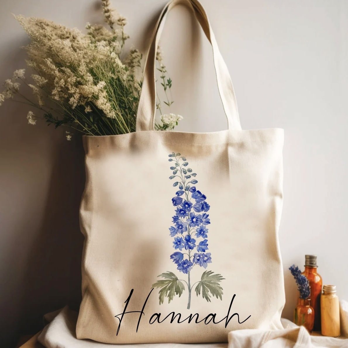 Personalized canvas tote bag with custom birth month flower for unique gift.