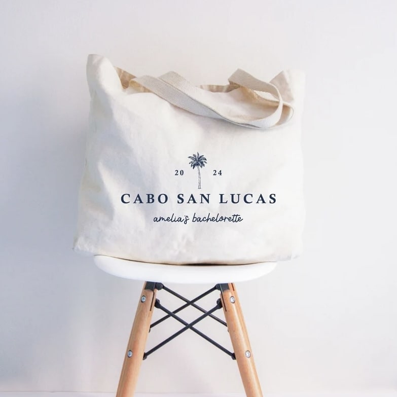 Custom Bachelorette Tote Bag with Cabo San Lucas and palm tree design.