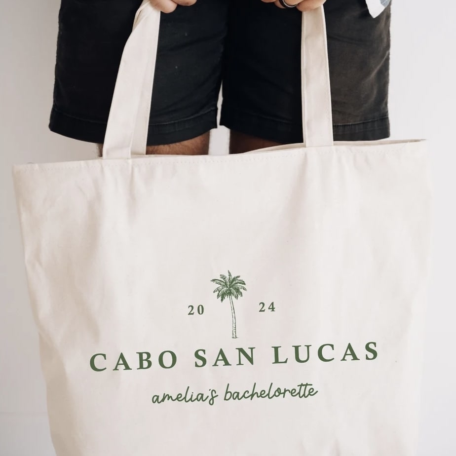 Customizable bachelorette tote bags with name and location for 2024.