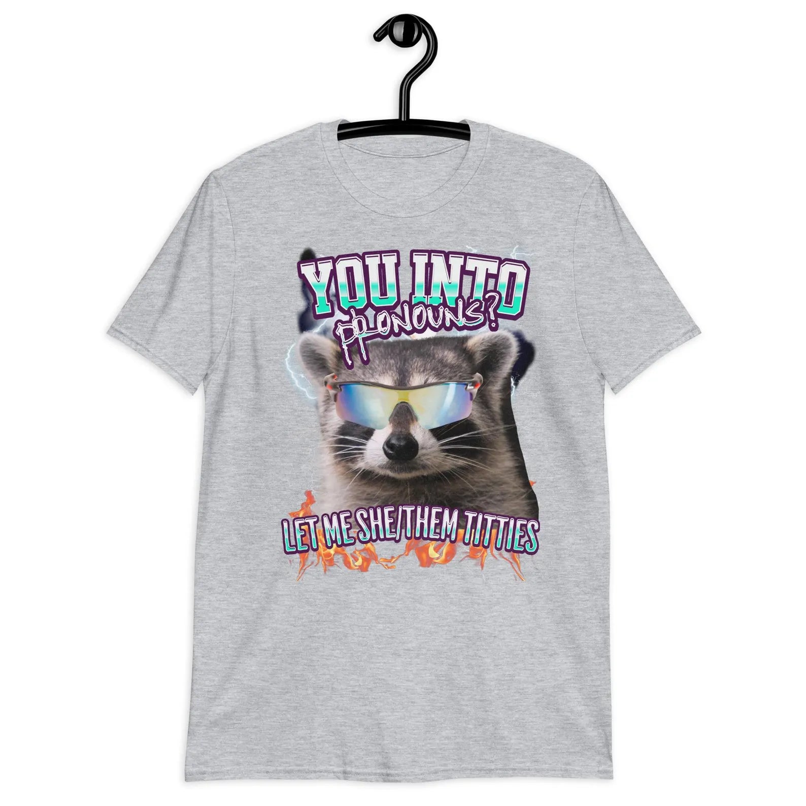 "You Into Pronouns?" t-shirt featuring raccoon in sunglasses