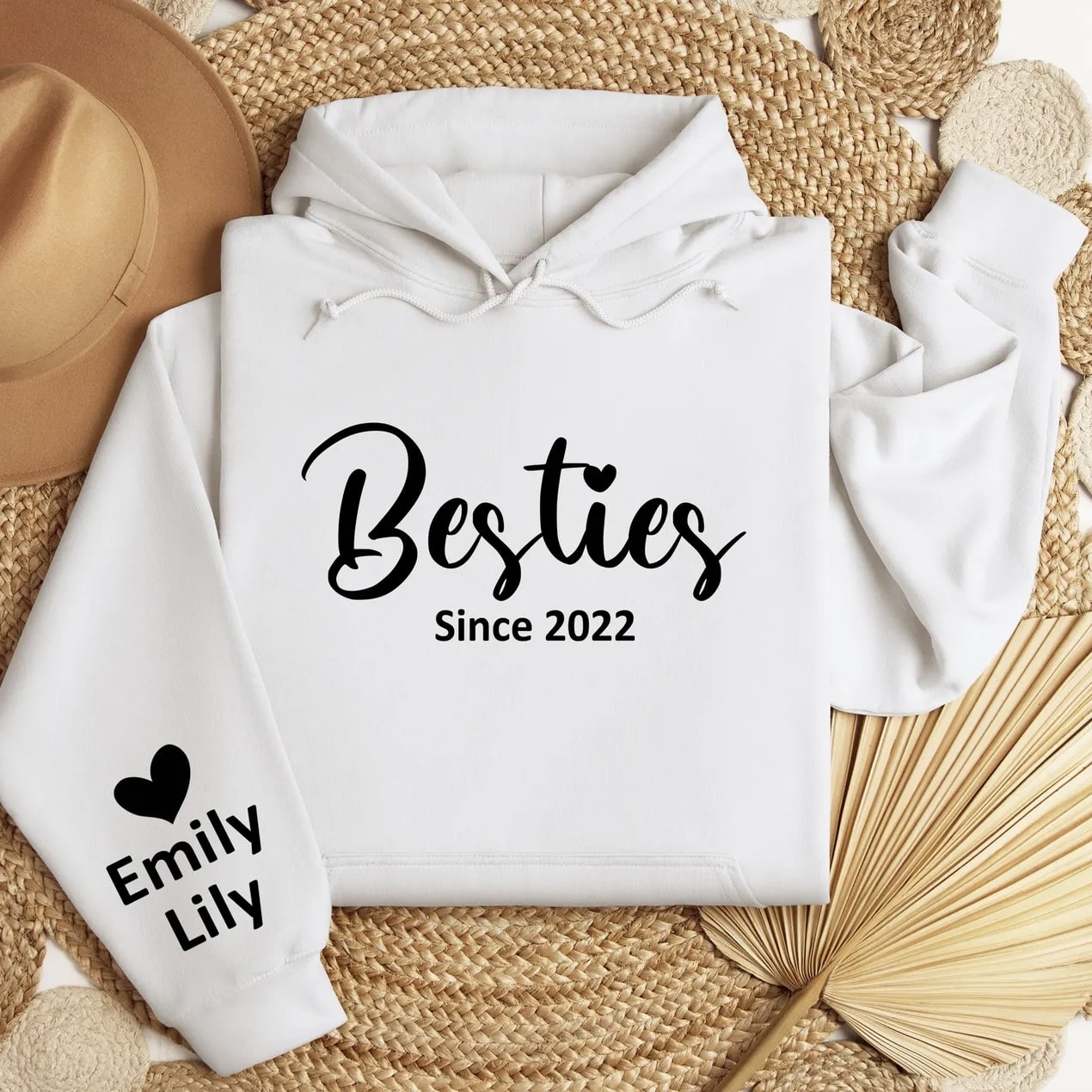 Friendship-themed sweatshirt with "Besties" design and sleeve personalization.
