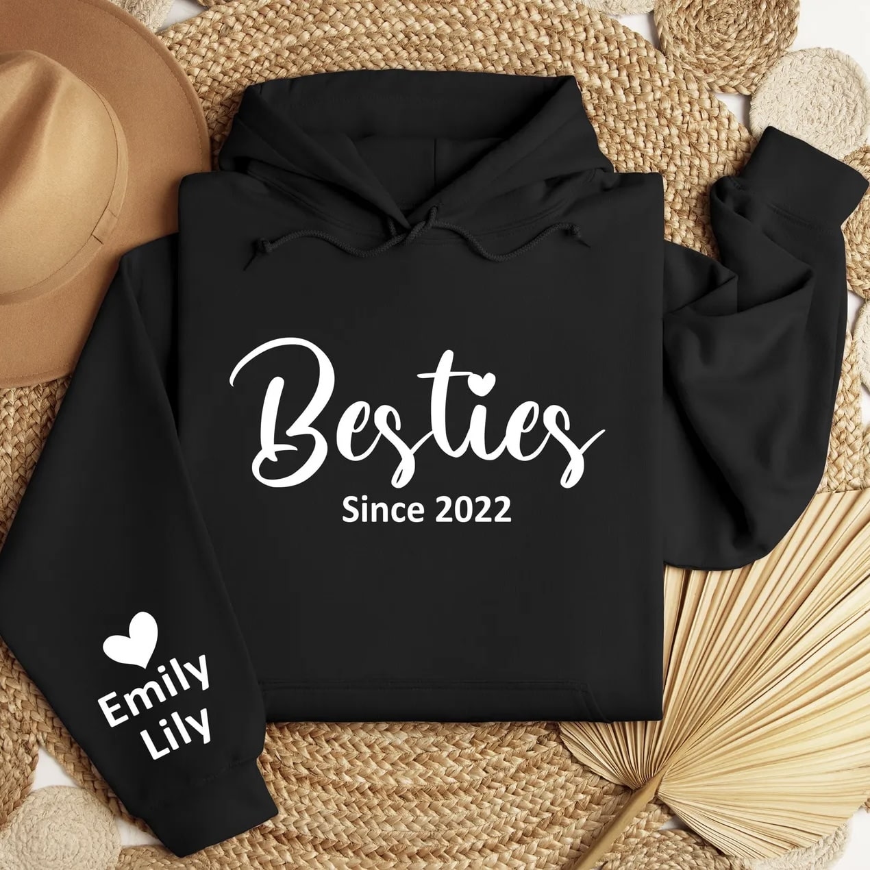 Personalized "Besties Since" hoodie with custom year and names.