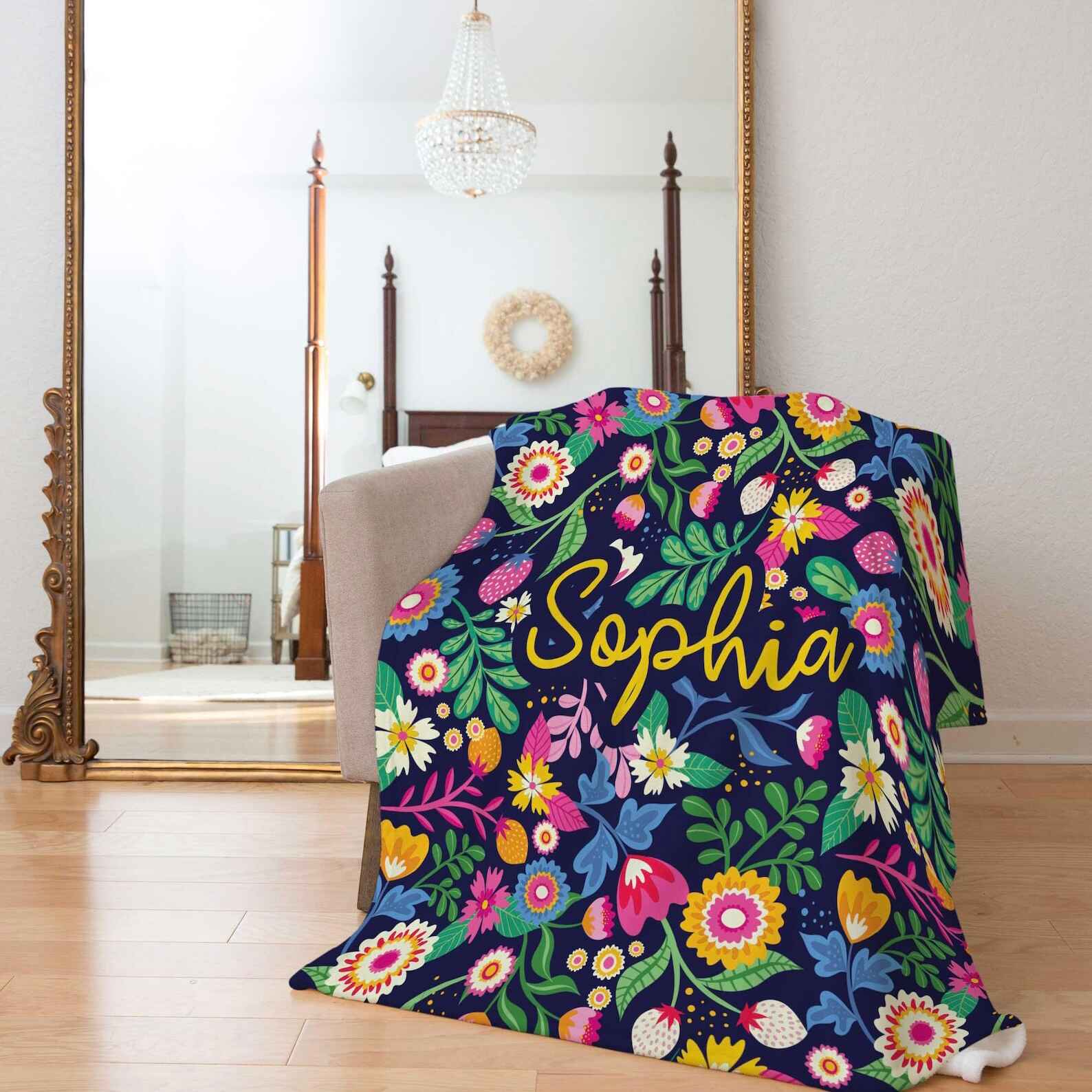 Custom Floral Name Blanket with Bright Floral Pattern - Personalized Throw