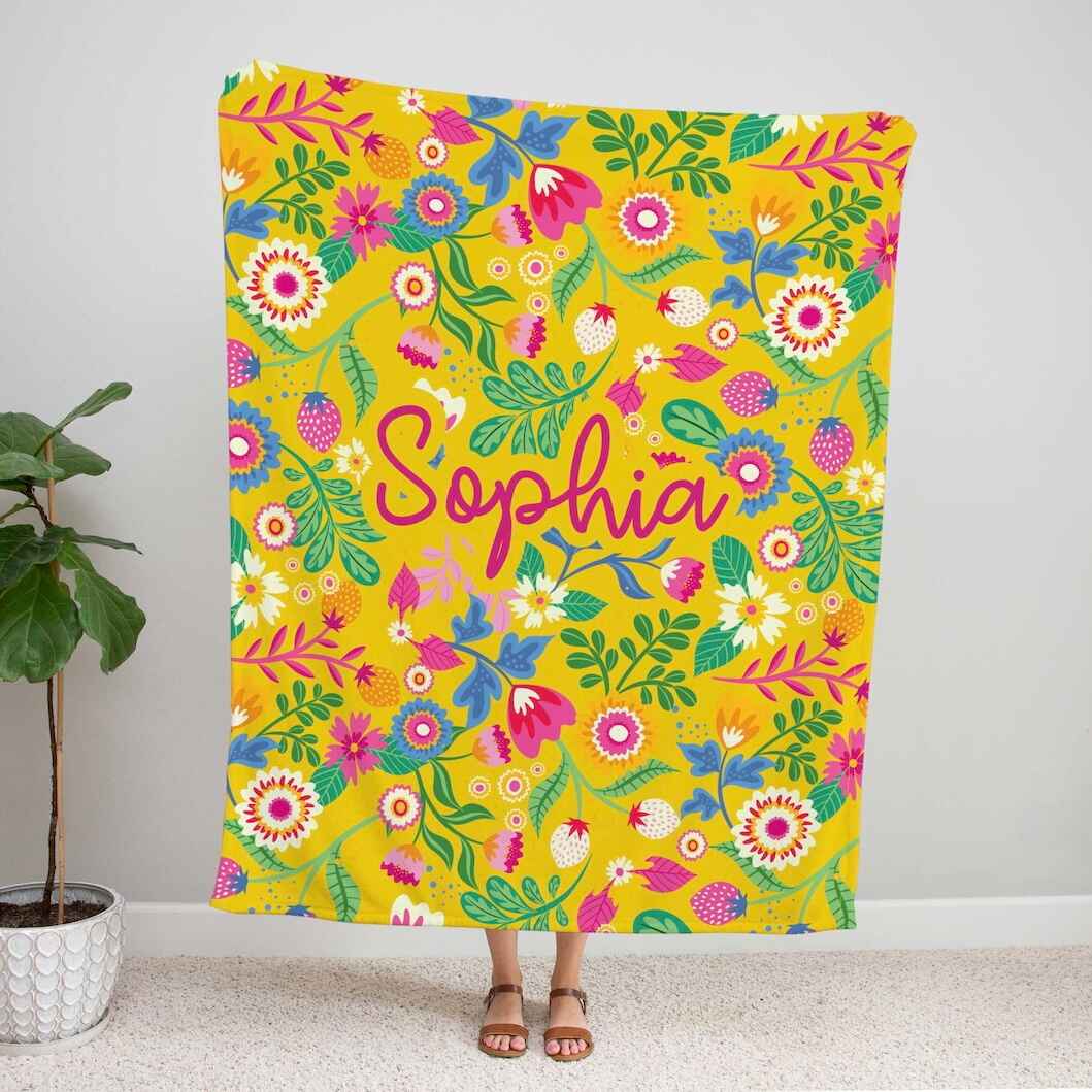 Custom Floral Name Blanket with Bright Floral Pattern - Personalized Throw