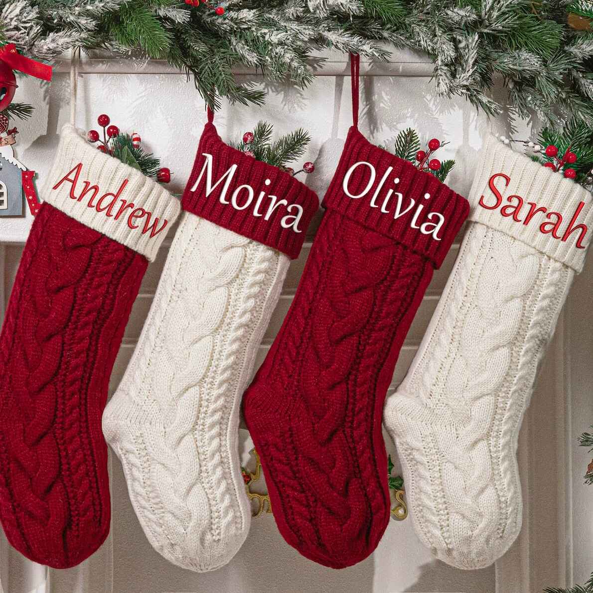 Knitted Christmas stockings for family, personalized with names.
