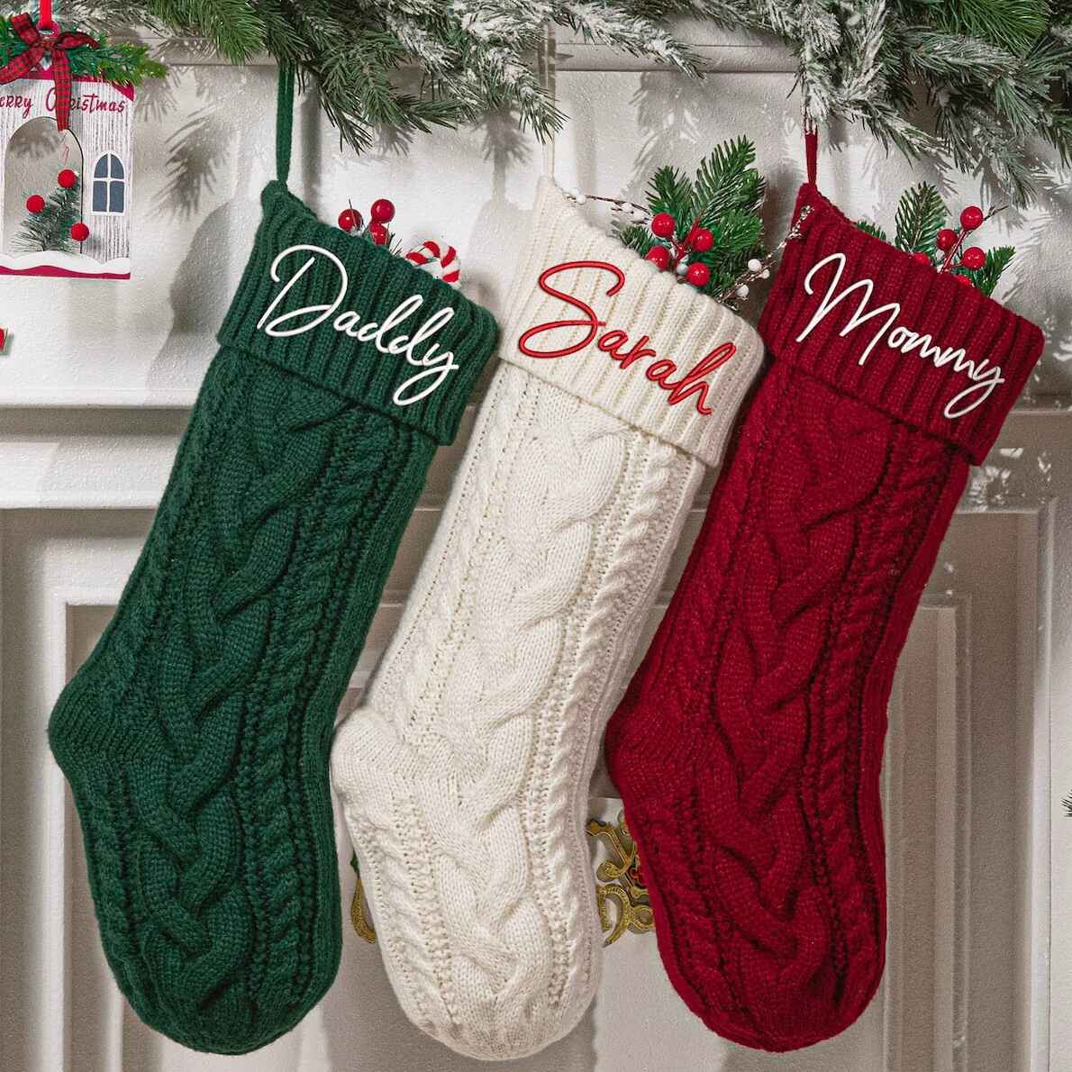 Custom name embroidered stockings, perfect for family Christmas gifts.
