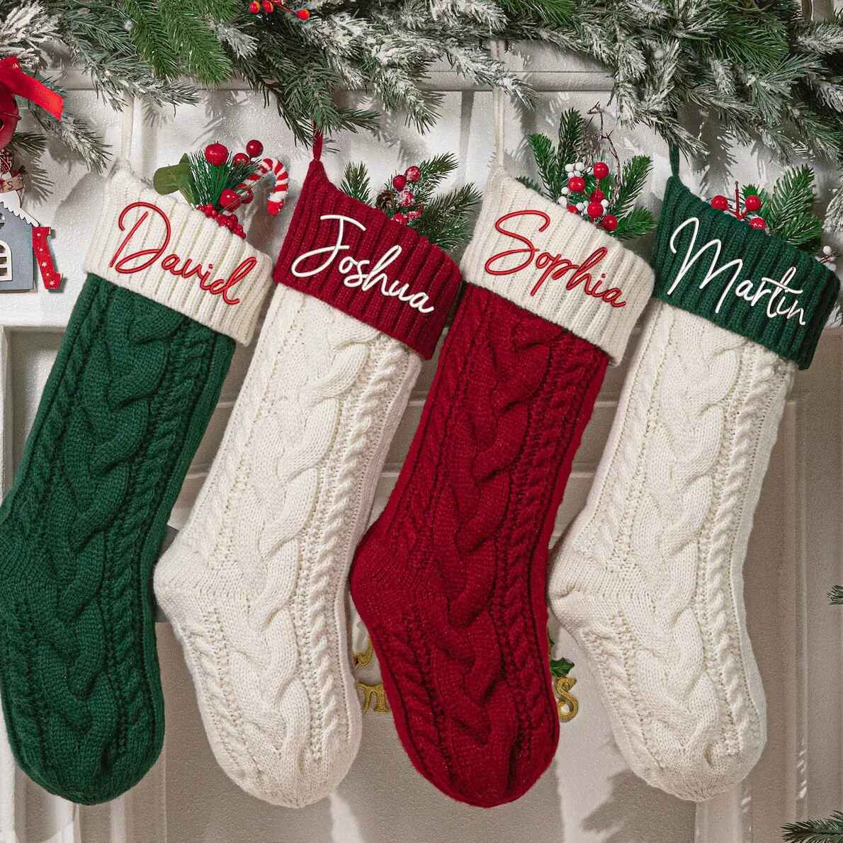 Personalized embroidered Christmas stockings for family.
