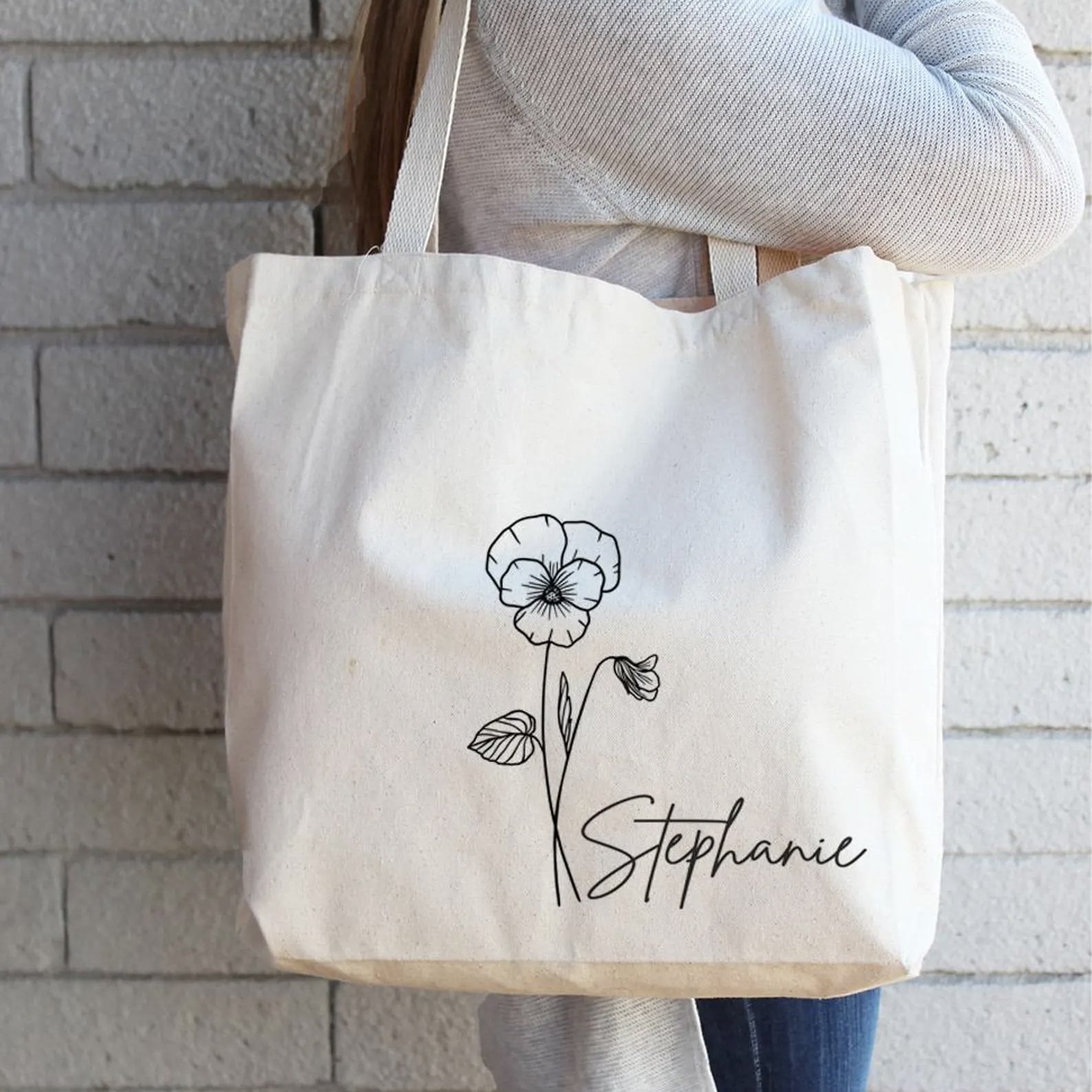 Personalized Birth Flower Canvas Tote Bag with custom name and floral design.