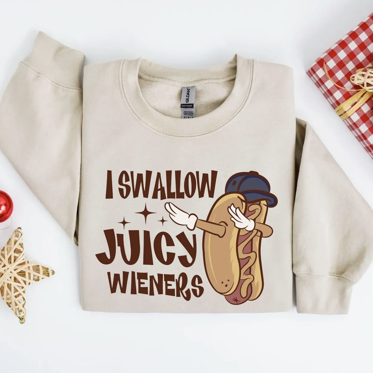 I Swallow Juicy Wieners Graphic Sweatshirt Beige