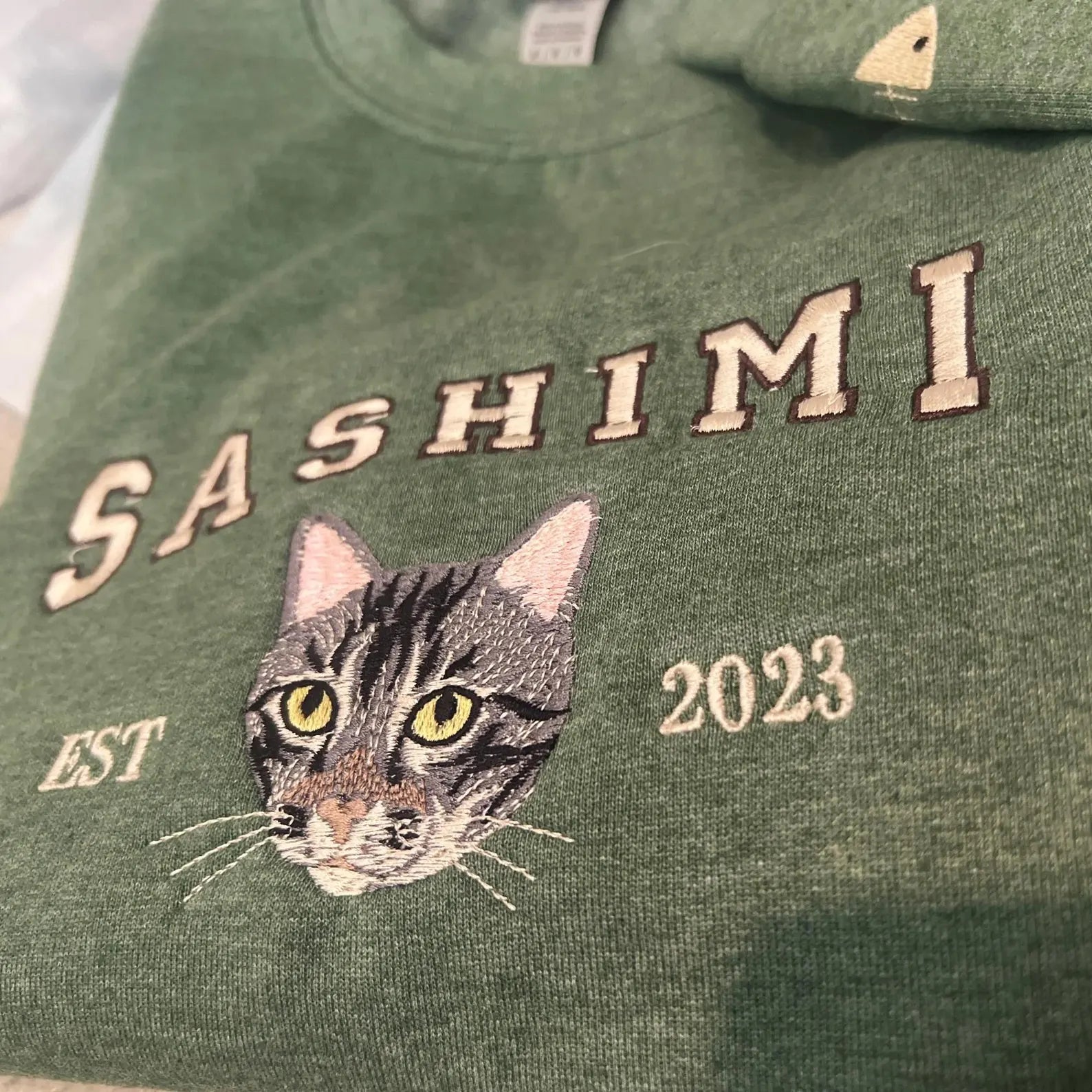 Premium embroidered pet portrait sweatshirt with personalized details