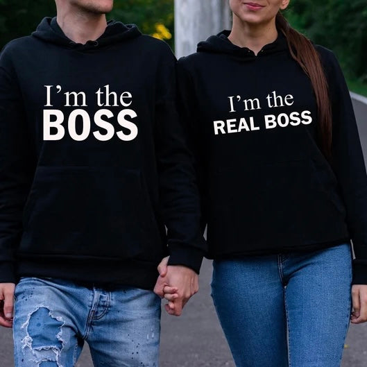 Matching Couple Hoodies - Custom Embroidered Sweatshirts “I’m the Boss” and “I’m the Real Boss” Unique Gift For Couples