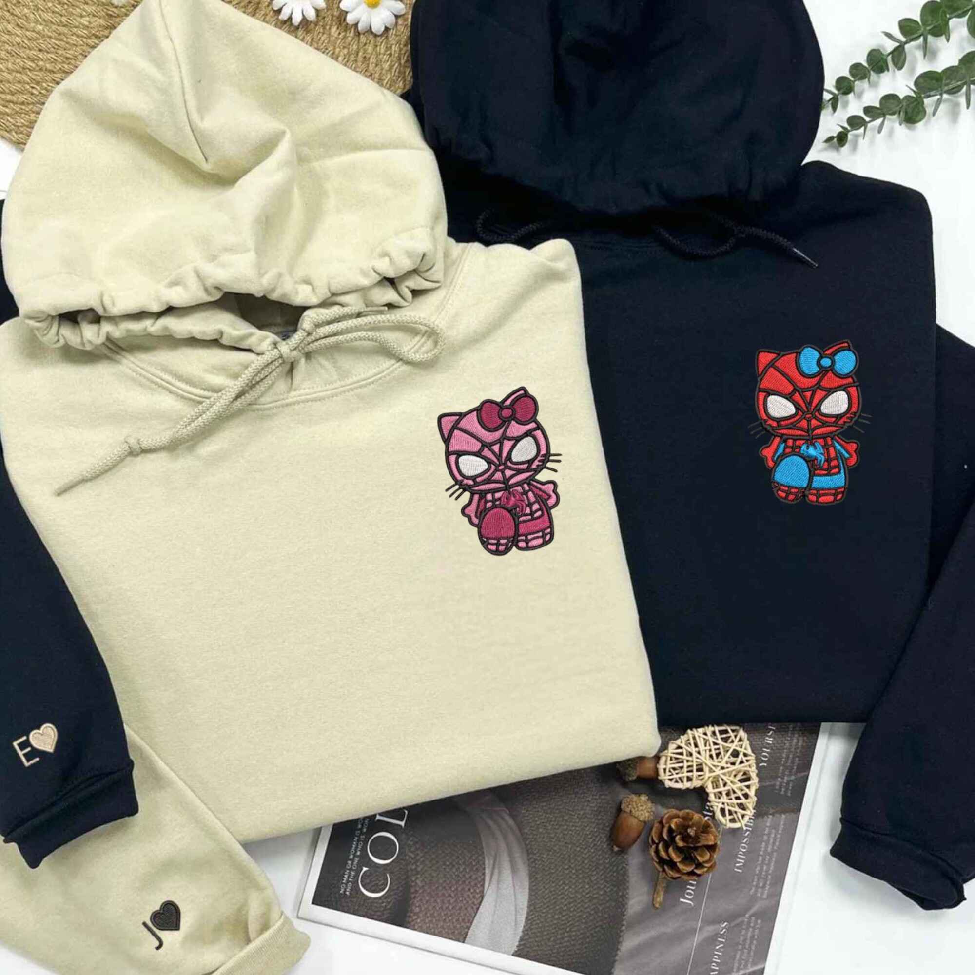 Matching Couple Hoodies featuring a fun Spider Cat design with personalized details.
